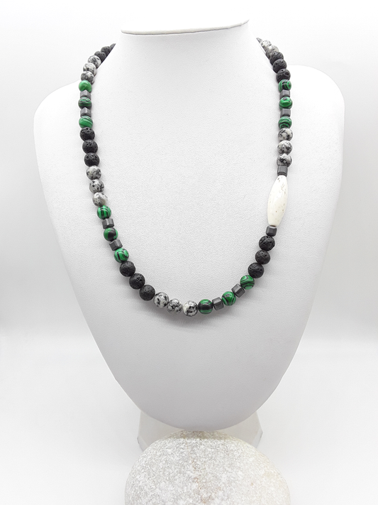 The Silent Strength Necklace by Polmadeva – malachite, lava stone, jasper, hematite and turquoise necklace symbolizing inner power, grounding, and resilience