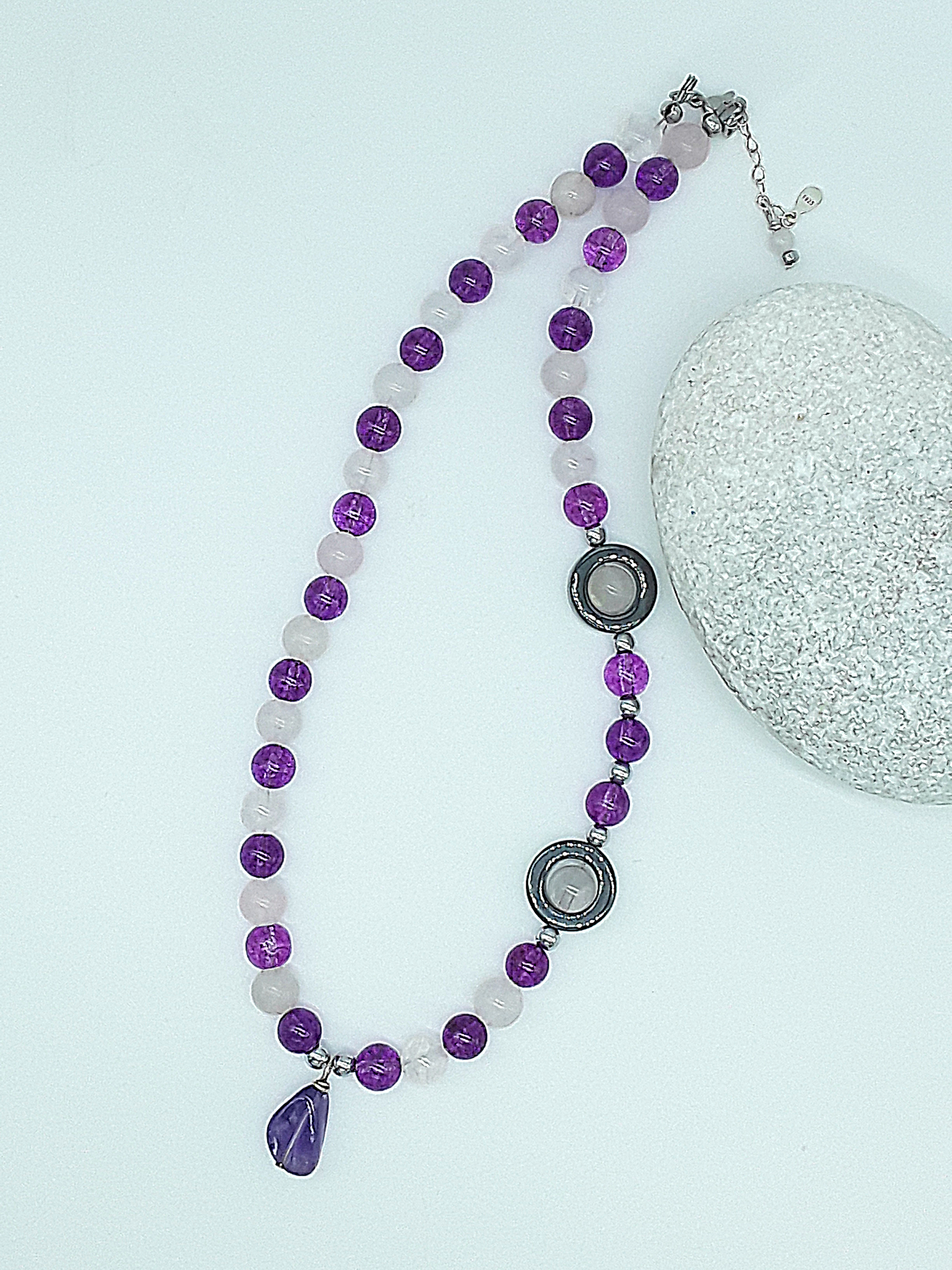 The Amara Necklace by Polmadeva – amethyst, rose quartz and hematite necklace symbolizing balance, tenderness, and refined strength
