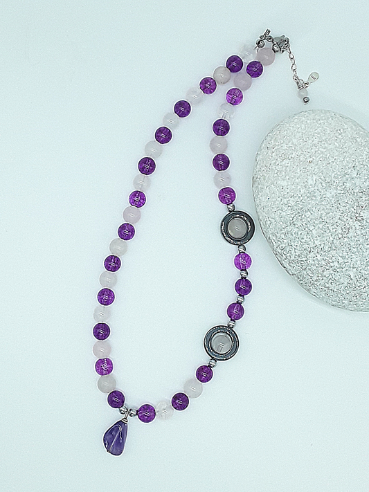 The Amara Necklace by Polmadeva – amethyst, rose quartz and hematite necklace symbolizing balance, tenderness, and refined strength