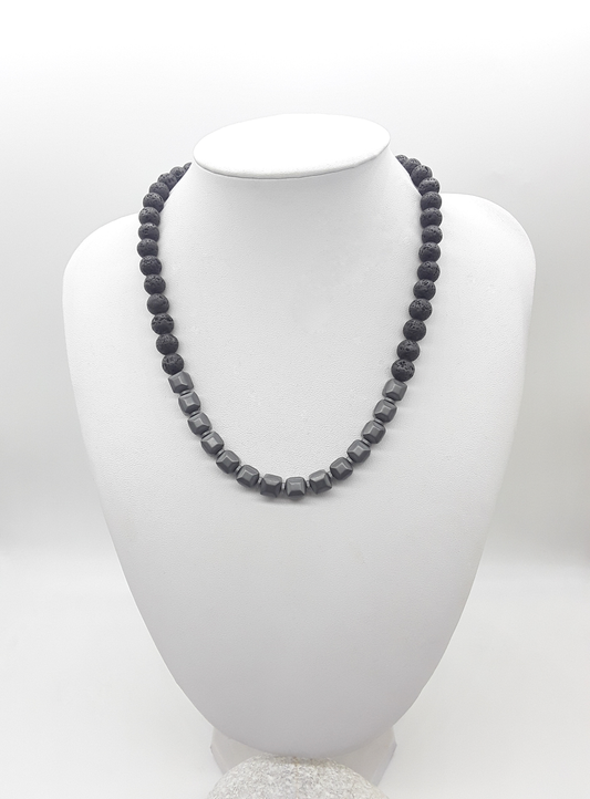 The Axis Necklace by Polmadeva – lava stone, cubic hematite and 925 silver necklace symbolizing balance, grounding, and resilience