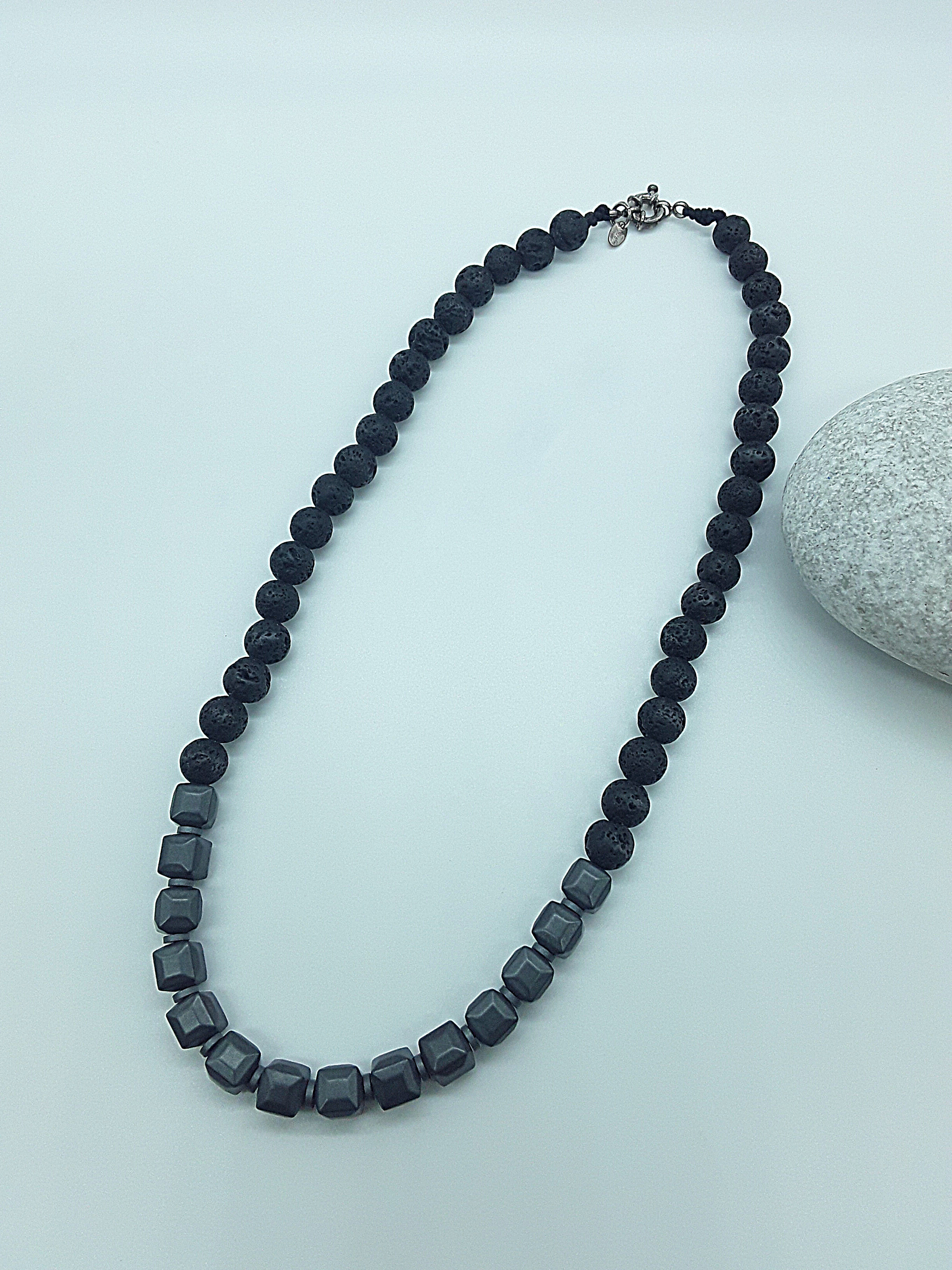 The Axis Necklace by Polmadeva – lava stone, cubic hematite and 925 silver necklace symbolizing balance, grounding, and resilience