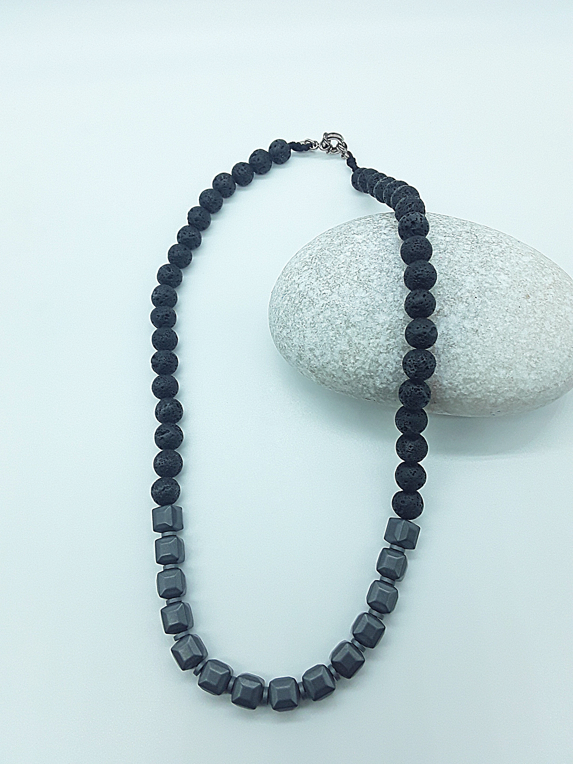 The Axis Necklace by Polmadeva – lava stone, cubic hematite and 925 silver necklace symbolizing balance, grounding, and resilience