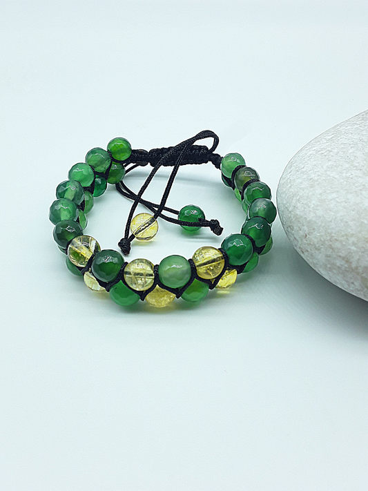 The Inner Light Double Bracelet by Polmadeva – handcrafted with Citrine Crystal & Green Onyx Agate (8 mm), adjustable 18–24 cm. A talisman of clarity & balance.