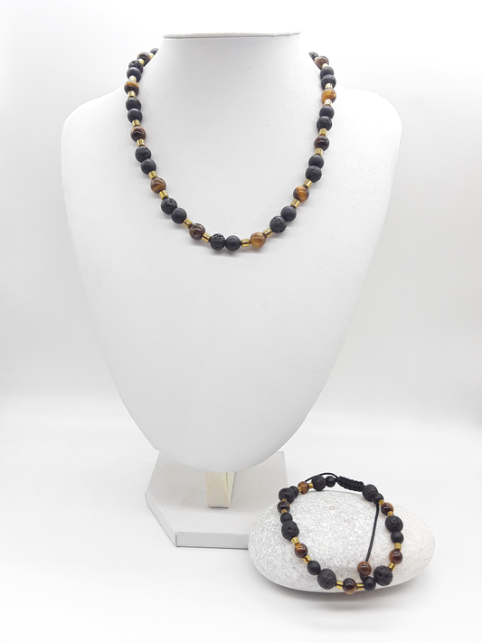 The Fourfold Vision Set by Polmadeva – handcrafted necklace & bracelet with Lava Stone, Tiger’s Eye, Black Onyx & Hematite, symbolizing balance, clarity & endurance.