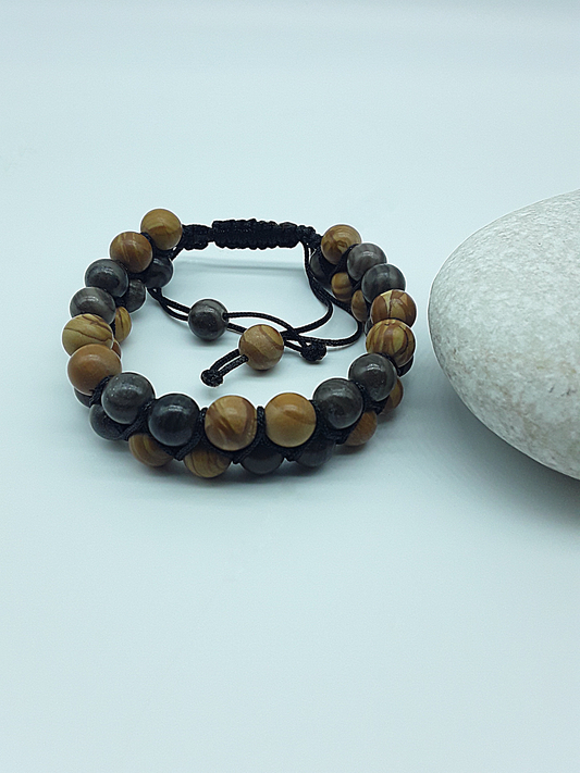 The Earth Harmony Double Bracelet by Polmadeva – Black Wood Lace Stone & Tigerskin Jasper bracelet symbolizing grounding, balance, and harmony.