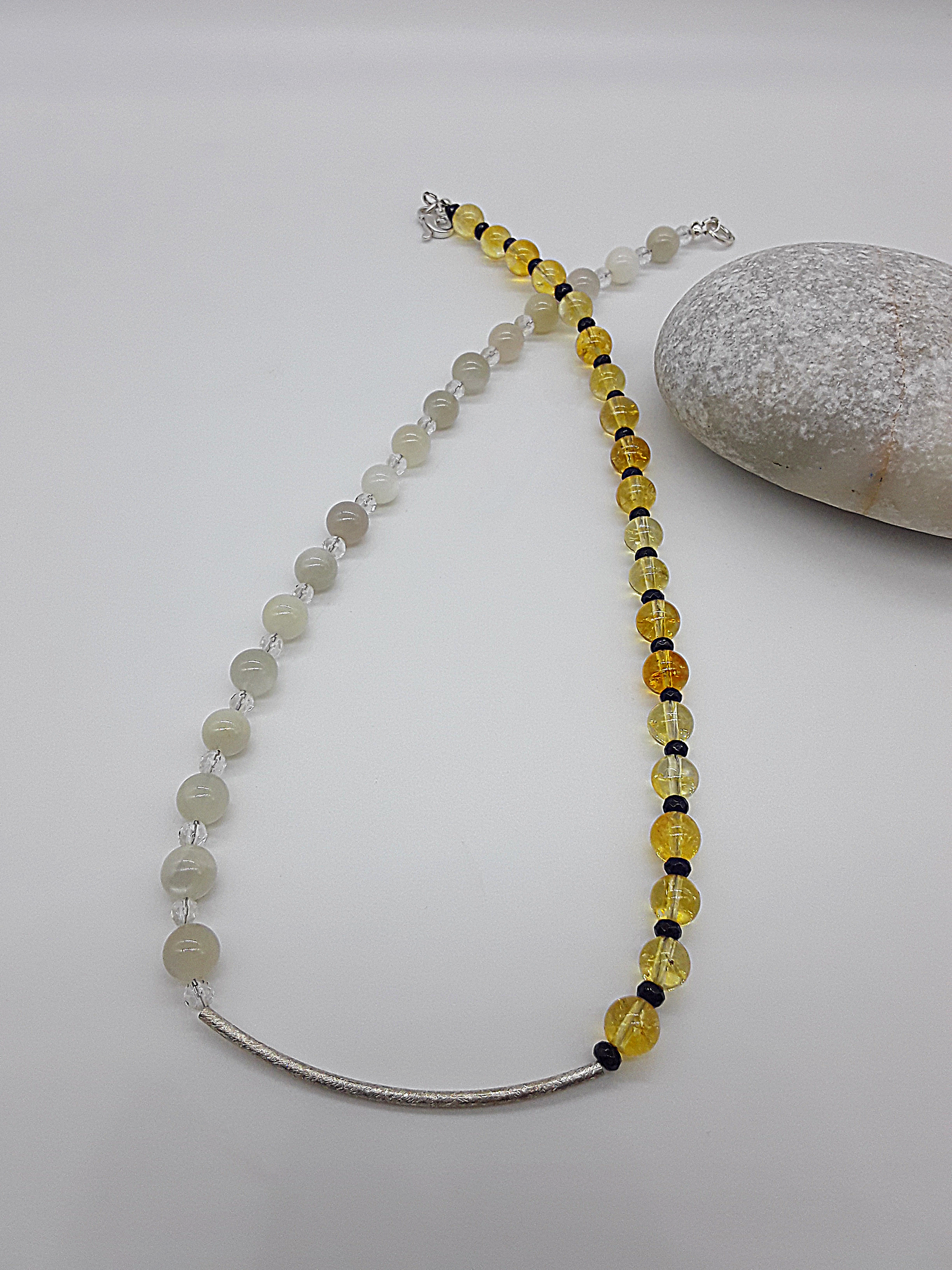 Dawn Arc Necklace by Polmadeva – Citrine, Moonstone, Quartz Crystal & Ruby necklace in 925 silver symbolizing renewal and new beginnings.