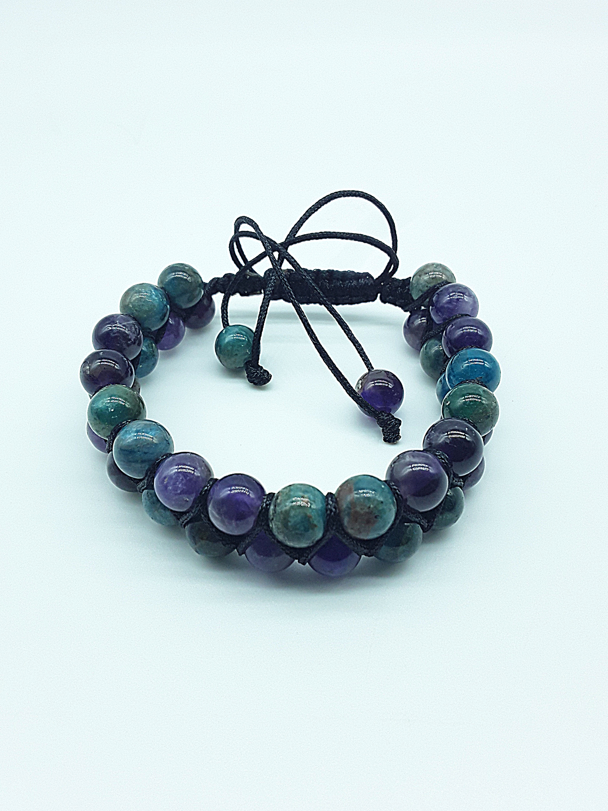 The Soul Renewal Double Bracelet by Polmadeva – amethyst and apatite double-strand bracelet symbolizing clarity and new beginnings
