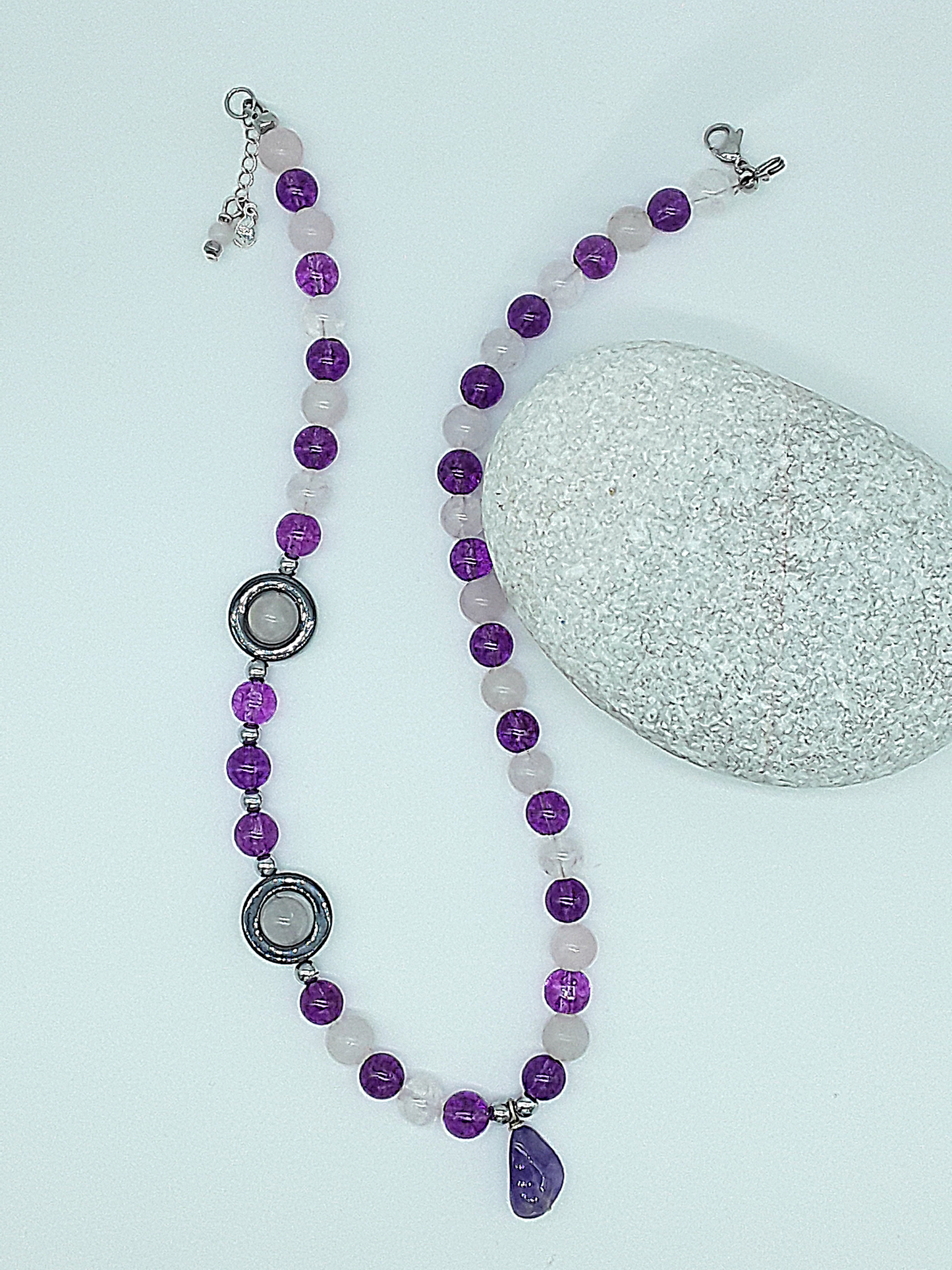 The Amara Necklace by Polmadeva – amethyst, rose quartz and hematite necklace symbolizing balance, tenderness, and refined strength