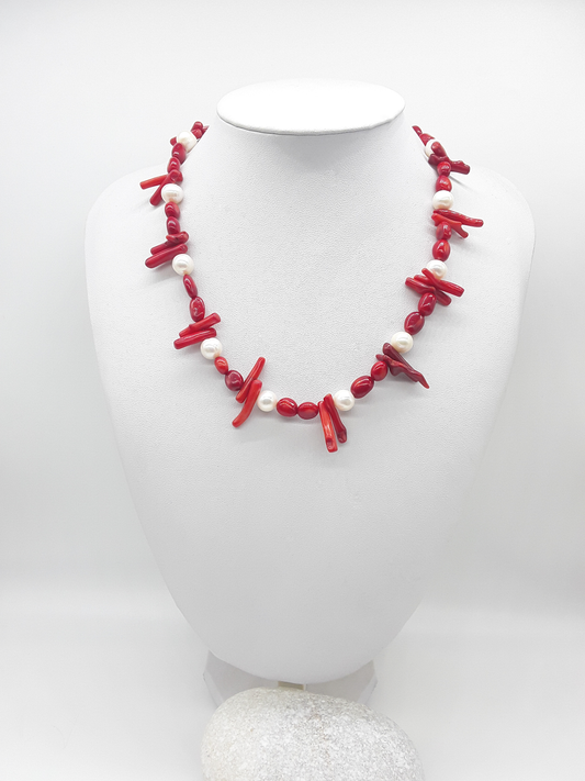 The Coral Grace Necklace by Polmadeva – red coral and freshwater pearl necklace symbolizing passion, serenity, and elegant strength