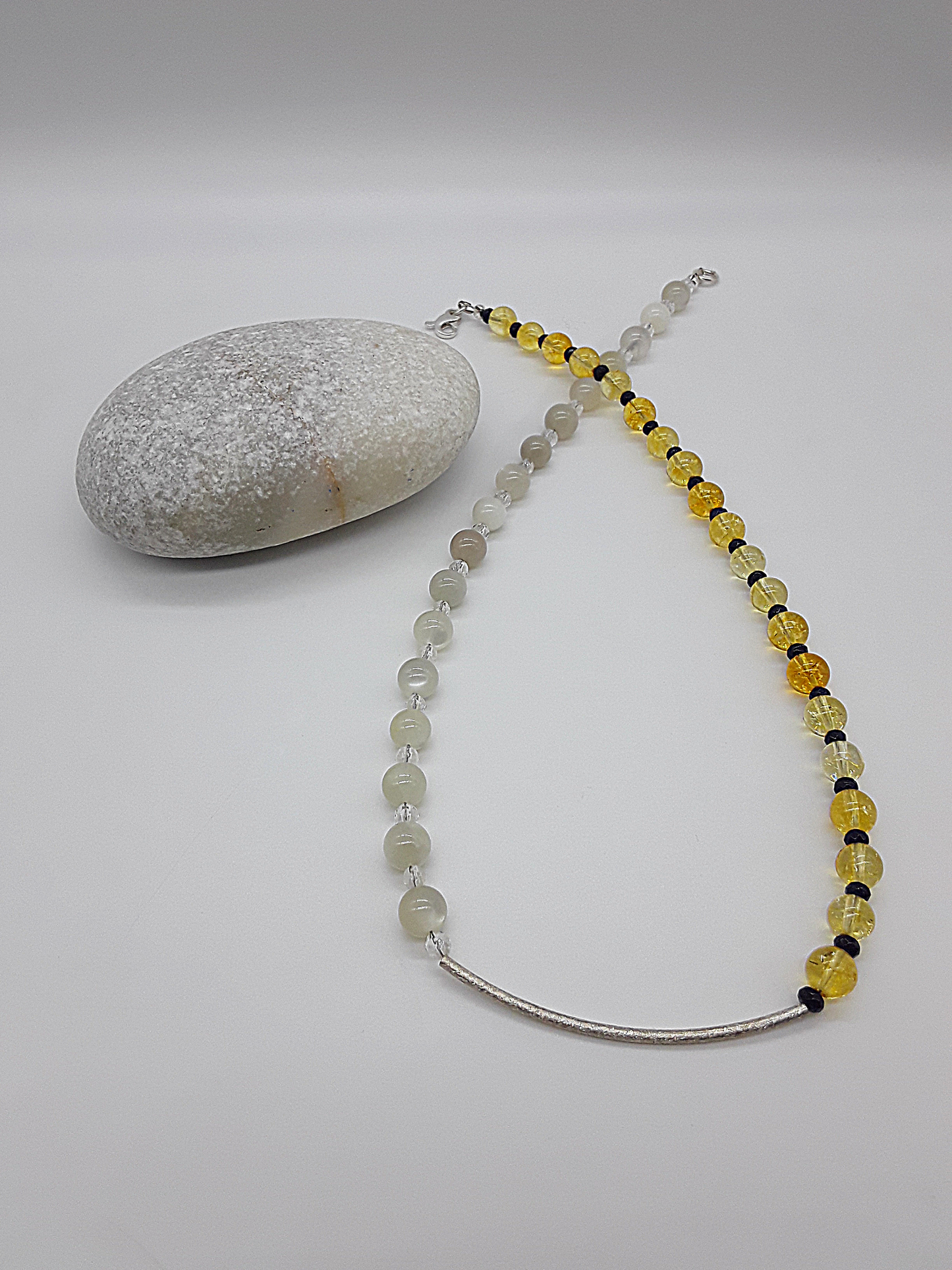 Dawn Arc Necklace by Polmadeva – Citrine, Moonstone, Quartz Crystal & Ruby necklace in 925 silver symbolizing renewal and new beginnings.