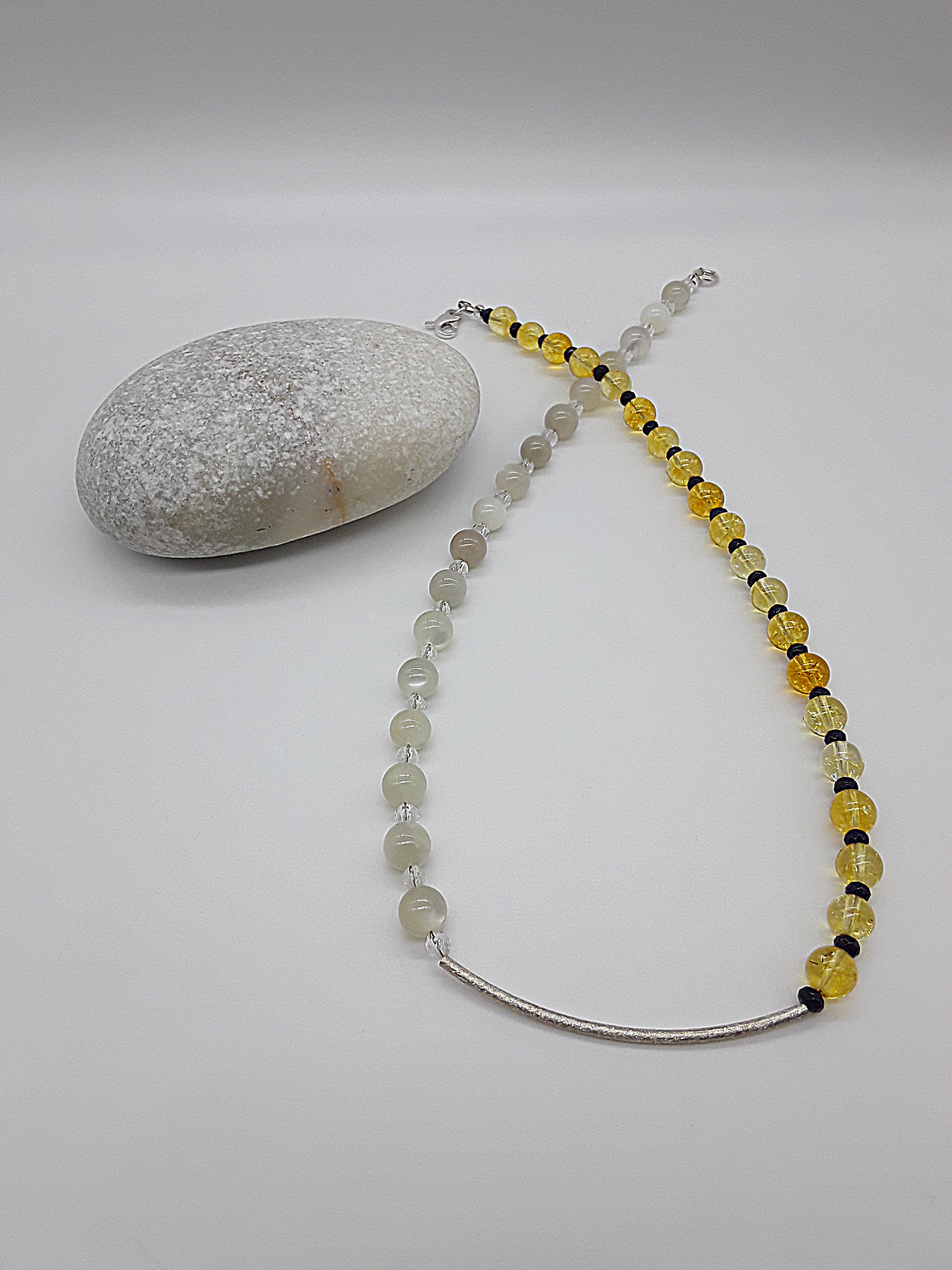 Dawn Arc Necklace by Polmadeva – Citrine, Moonstone, Quartz Crystal & Ruby necklace in 925 silver symbolizing renewal and new beginnings.