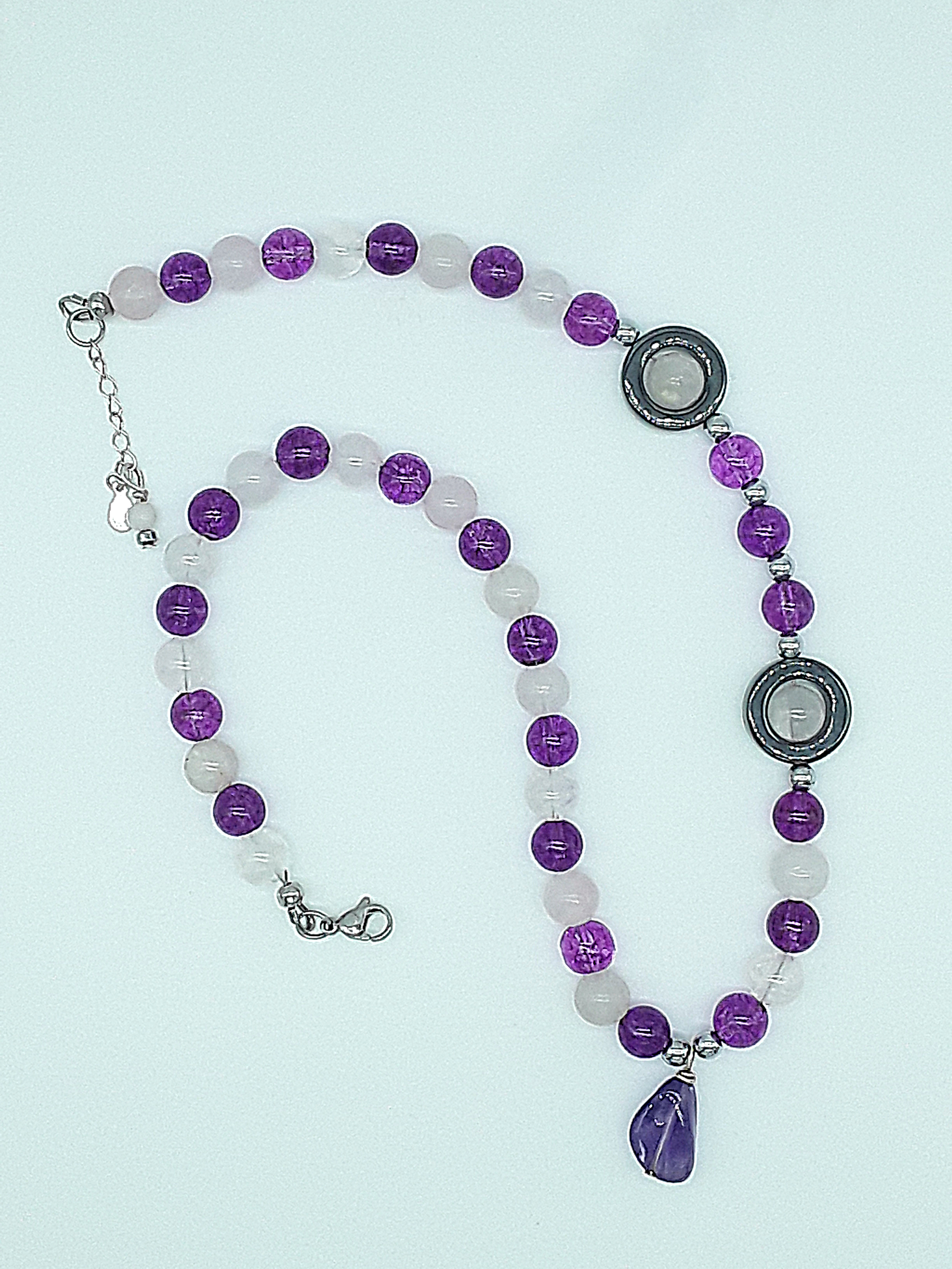 The Amara Necklace by Polmadeva – amethyst, rose quartz and hematite necklace symbolizing balance, tenderness, and refined strength