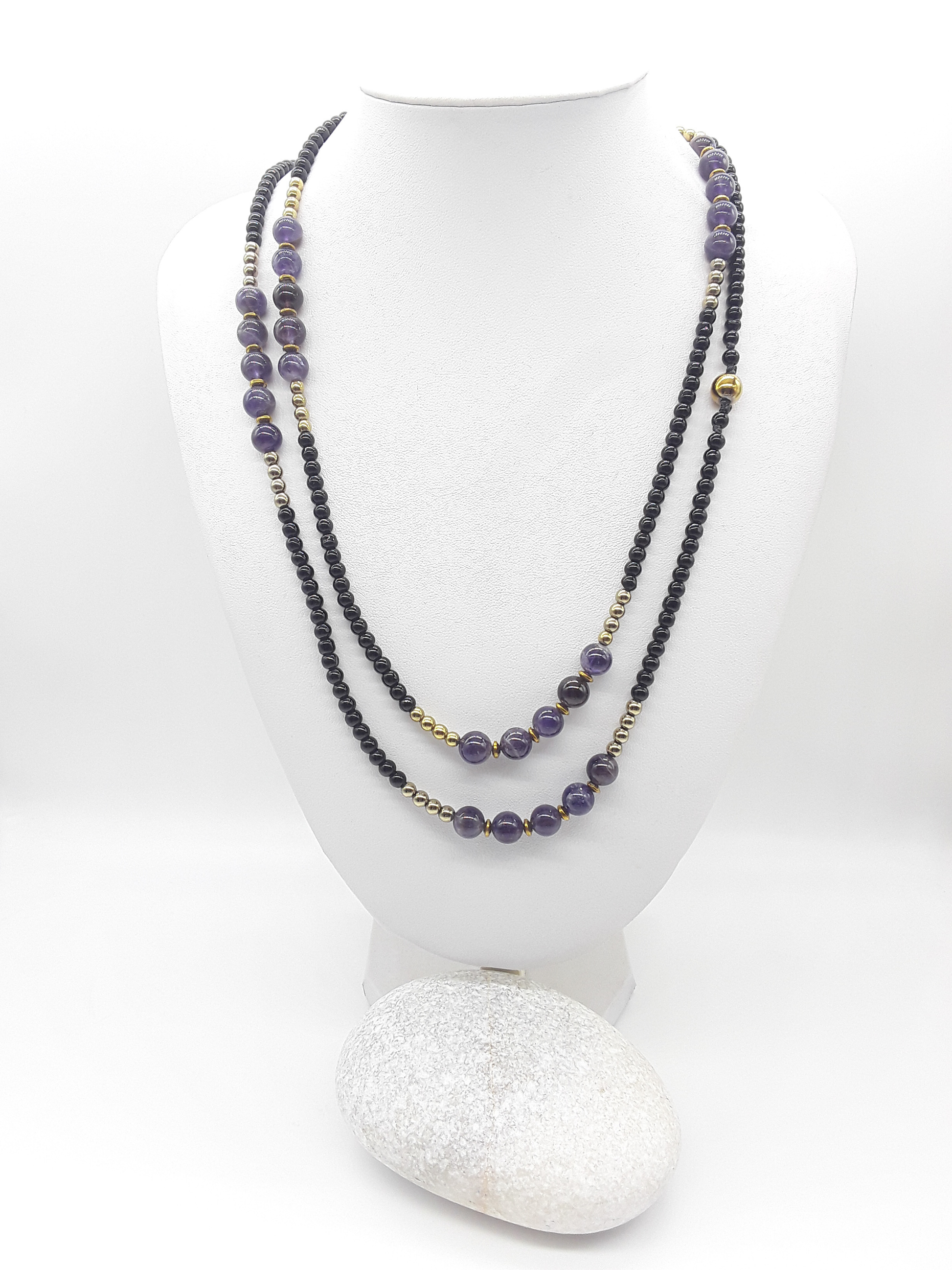 The Graceful Flow Necklace by Polmadeva – amethyst, black onyx and hematite necklace symbolizing calm strength, balance, and resilience