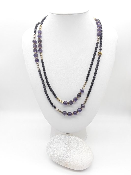 The Graceful Flow Necklace by Polmadeva – amethyst, black onyx and hematite necklace symbolizing calm strength, balance, and resilience