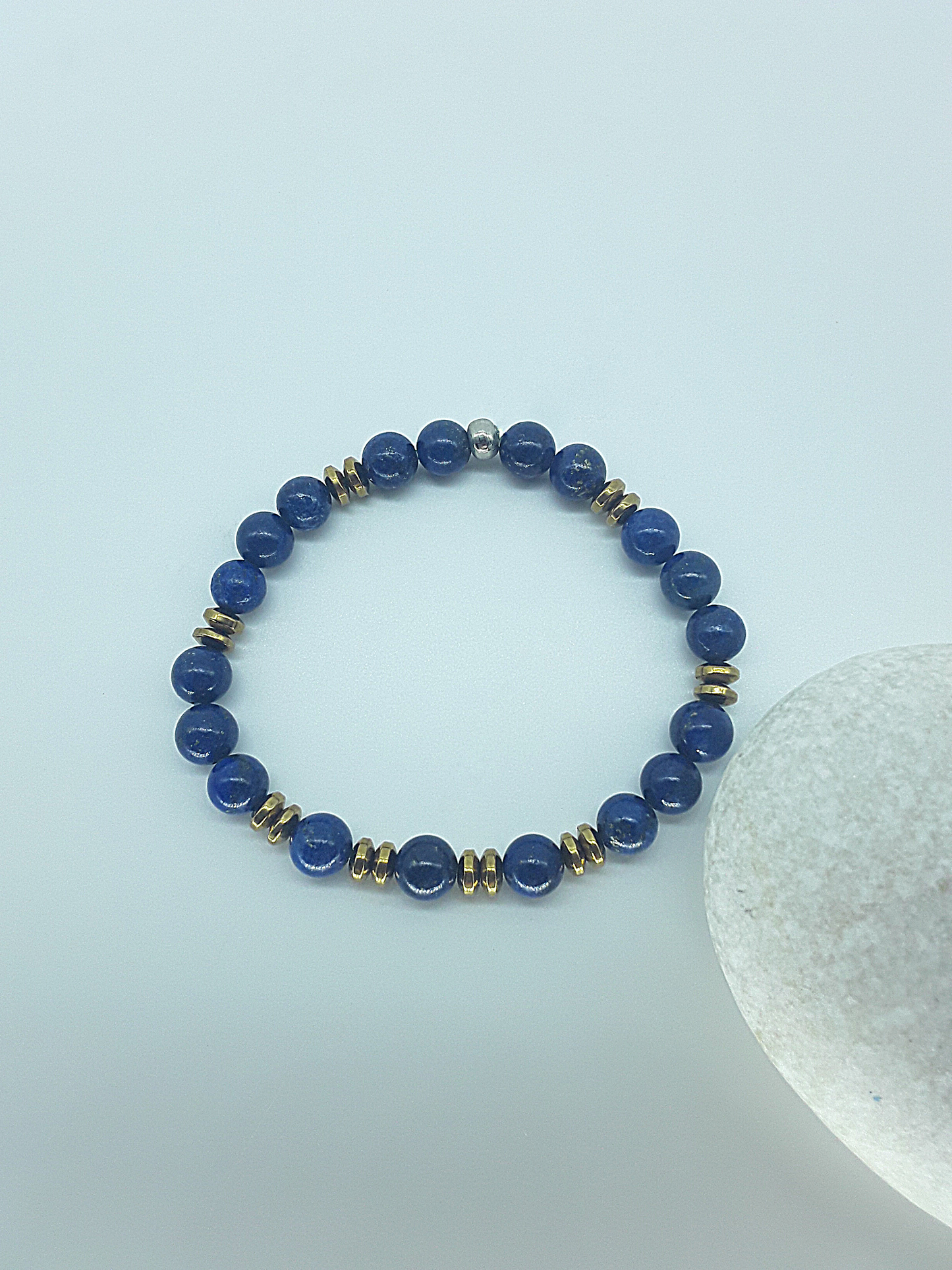 The Vision Stone Bracelet by Polmadeva – handcrafted with 8 mm Lapis Lazuli & Hematite. Adjustable 20 cm. A talisman of clarity, grounding & inner vision.