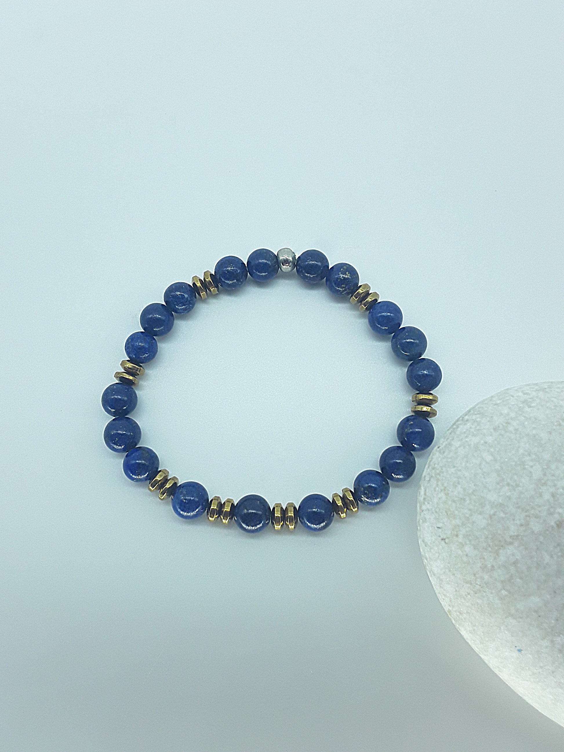 The Vision Stone Bracelet by Polmadeva – handcrafted with 8 mm Lapis Lazuli & Hematite. Adjustable 20 cm. A talisman of clarity, grounding & inner vision.