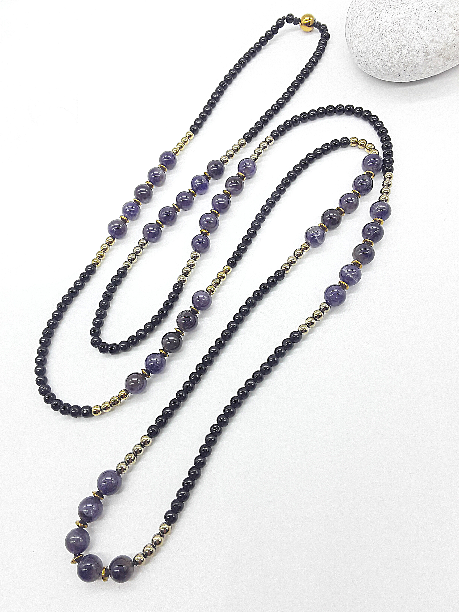 The Graceful Flow Necklace by Polmadeva – amethyst, black onyx and hematite necklace symbolizing calm strength, balance, and resilience