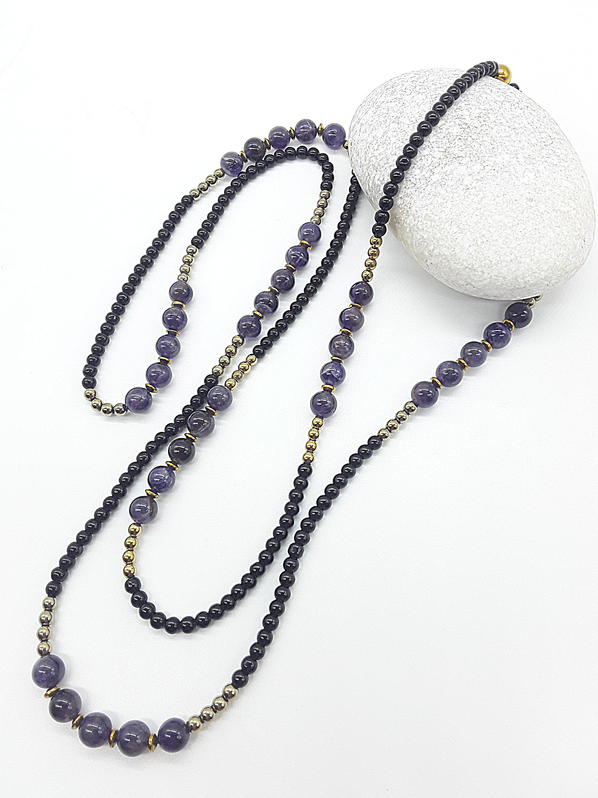 The Graceful Flow Necklace by Polmadeva – amethyst, black onyx and hematite necklace symbolizing calm strength, balance, and resilience