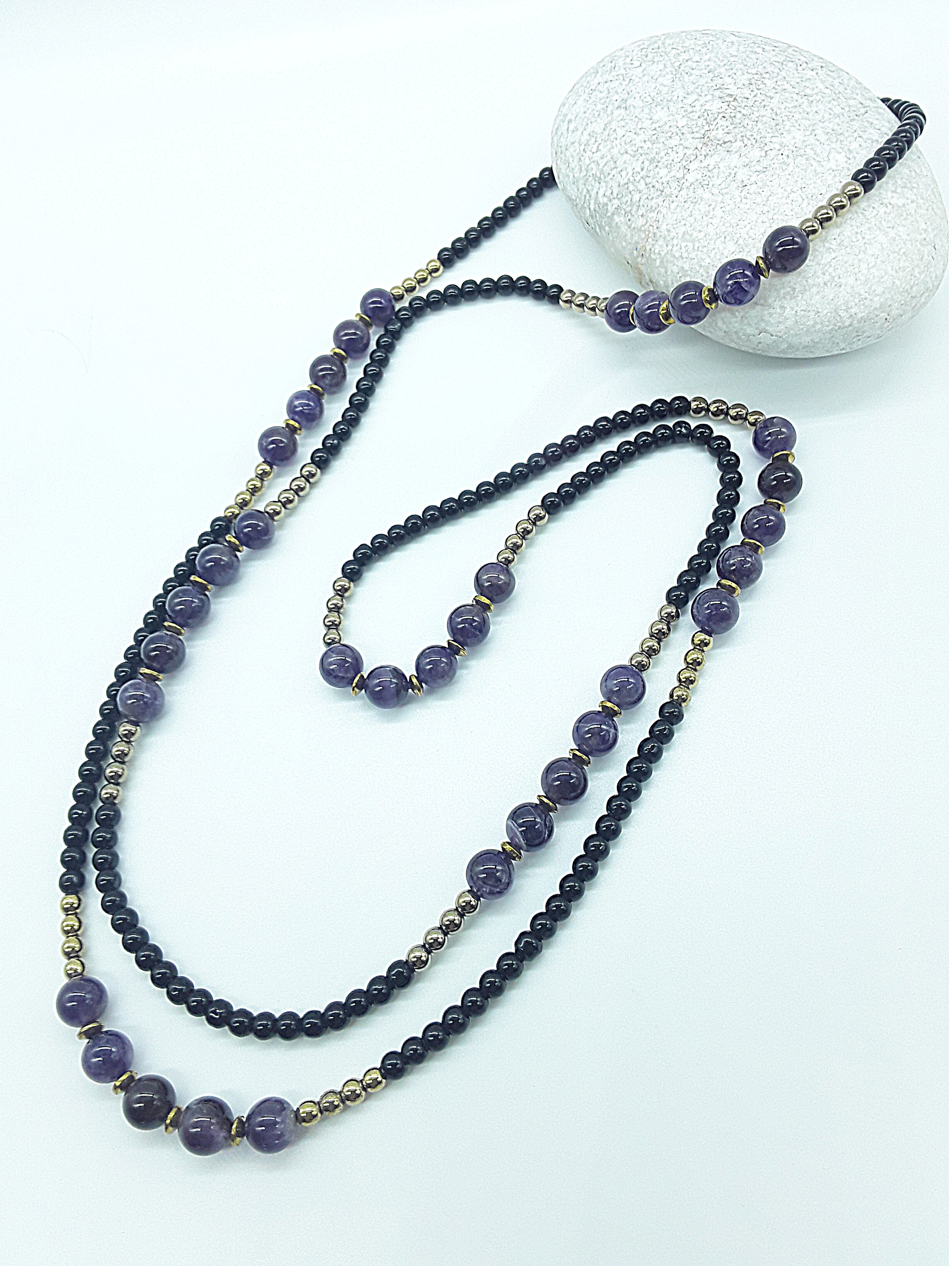 The Graceful Flow Necklace by Polmadeva – amethyst, black onyx and hematite necklace symbolizing calm strength, balance, and resilience