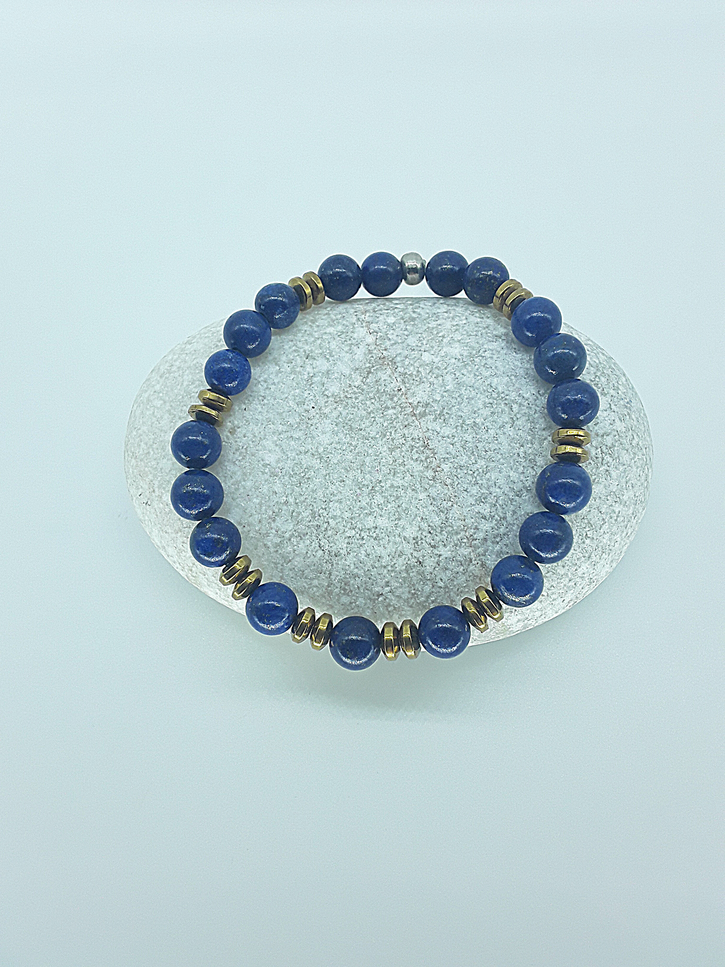 The Vision Stone Bracelet by Polmadeva – handcrafted with 8 mm Lapis Lazuli & Hematite. Adjustable 20 cm. A talisman of clarity, grounding & inner vision.