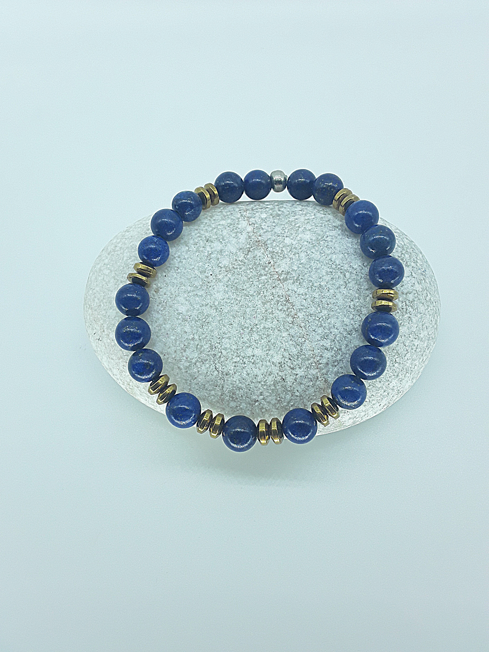 The Vision Stone Bracelet by Polmadeva – handcrafted with 8 mm Lapis Lazuli & Hematite. Adjustable 20 cm. A talisman of clarity, grounding & inner vision.