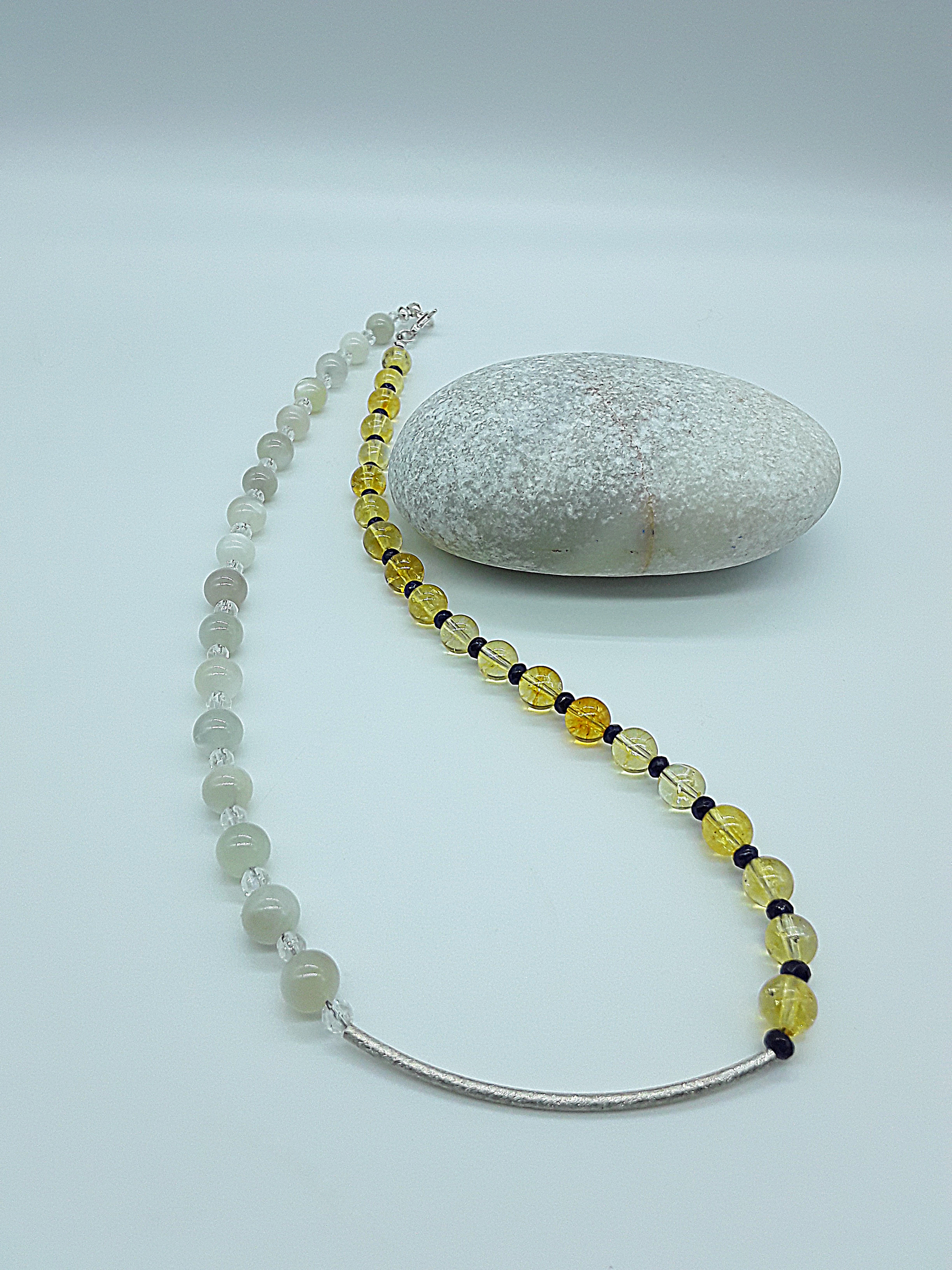 Dawn Arc Necklace by Polmadeva – Citrine, Moonstone, Quartz Crystal & Ruby necklace in 925 silver symbolizing renewal and new beginnings.