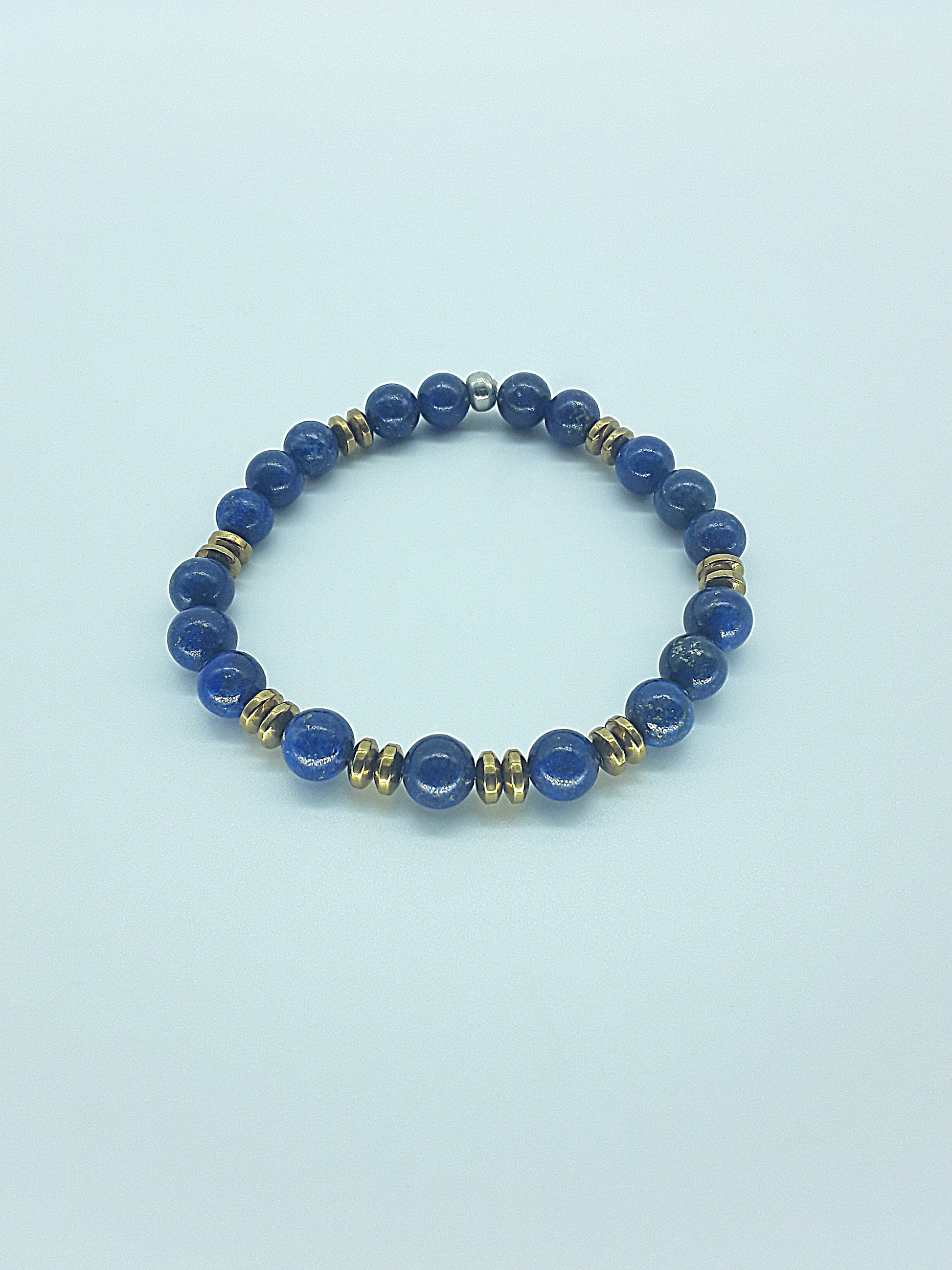The Vision Stone Bracelet by Polmadeva – handcrafted with 8 mm Lapis Lazuli & Hematite. Adjustable 20 cm. A talisman of clarity, grounding & inner vision.