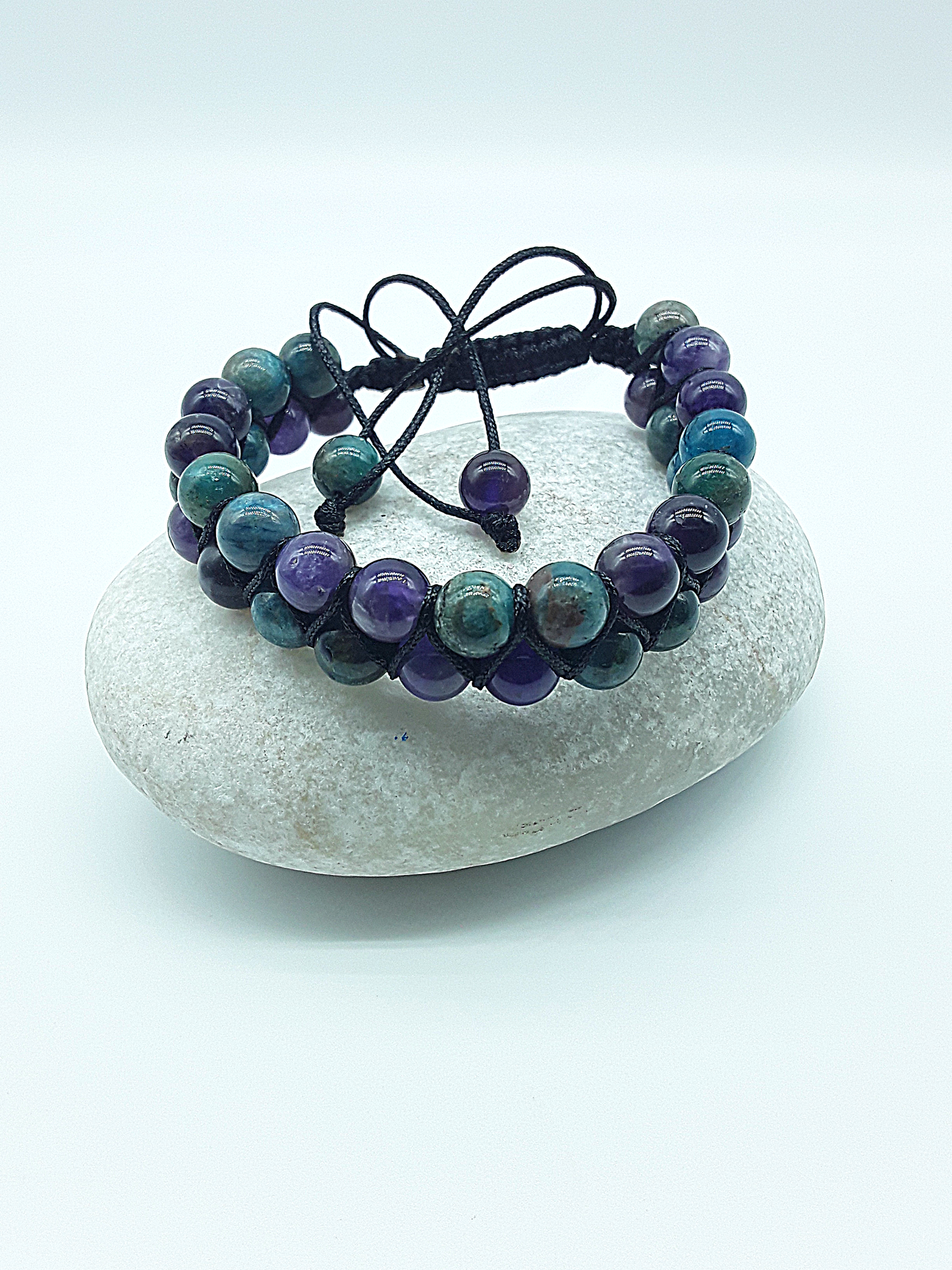 The Soul Renewal Double Bracelet by Polmadeva – amethyst and apatite double-strand bracelet symbolizing clarity and new beginnings