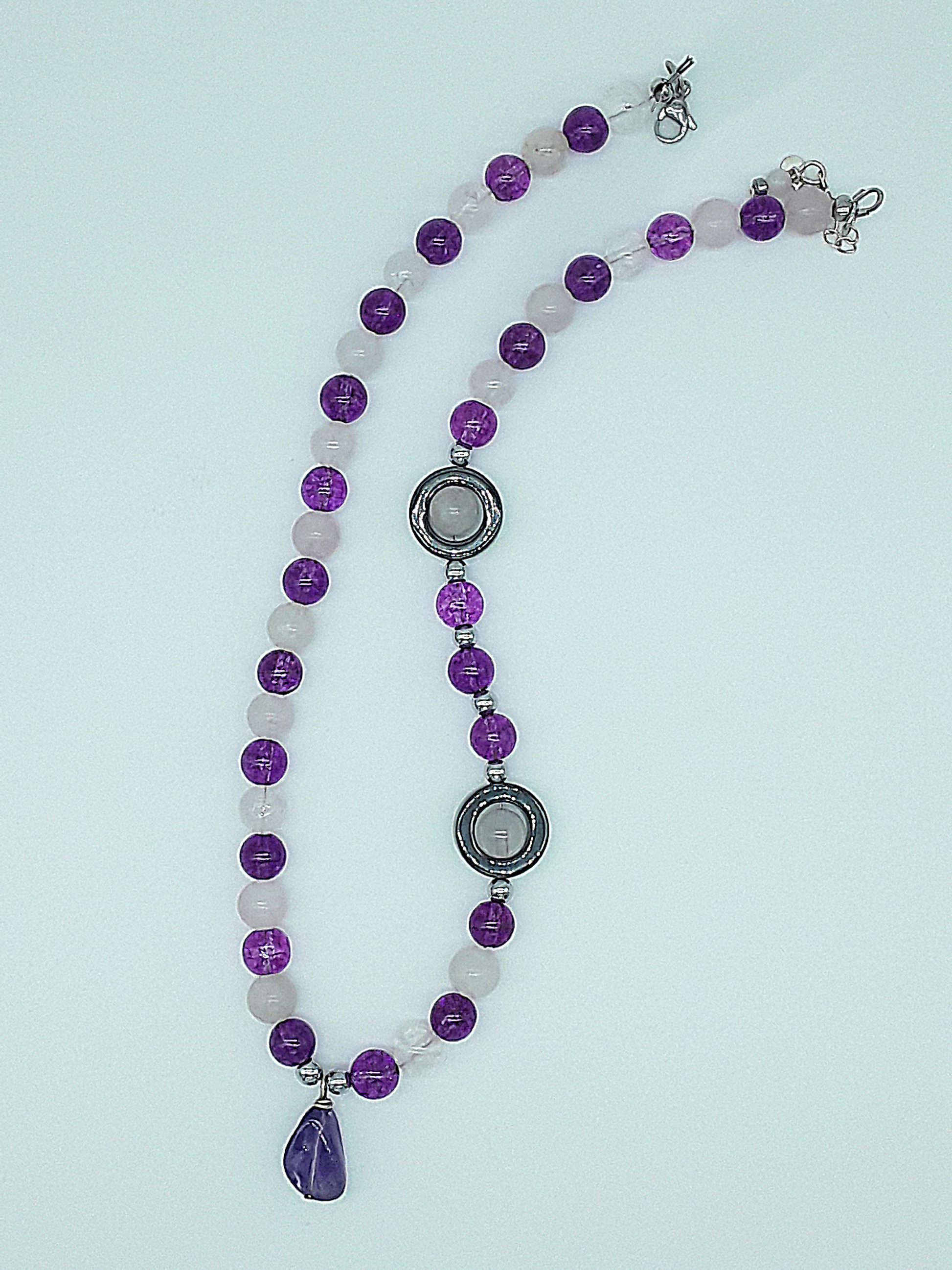 The Amara Necklace by Polmadeva – amethyst, rose quartz and hematite necklace symbolizing balance, tenderness, and refined strength
