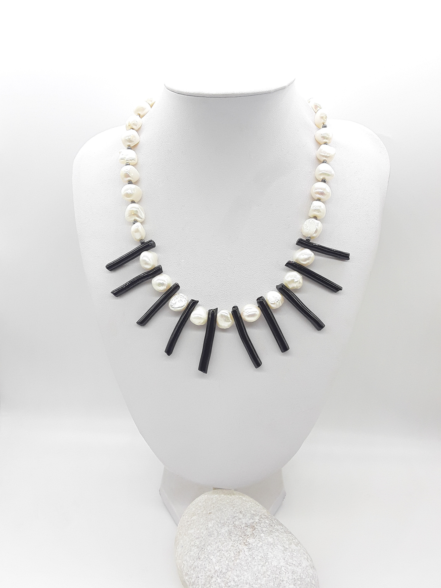 The Tidesong Necklace by Polmadeva – freshwater pearl, black coral and 925 silver necklace symbolizing elegance, strength, and balance
