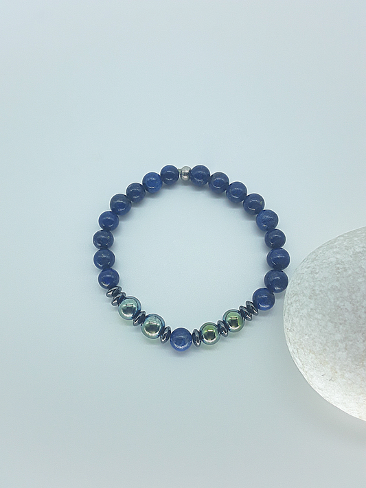 The Inner Compass Bracelet by Polmadeva – handcrafted with Lapis Lazuli & Hematite beads (8 mm). Adjustable 18–24 cm. A talisman of grounding & inner vision.