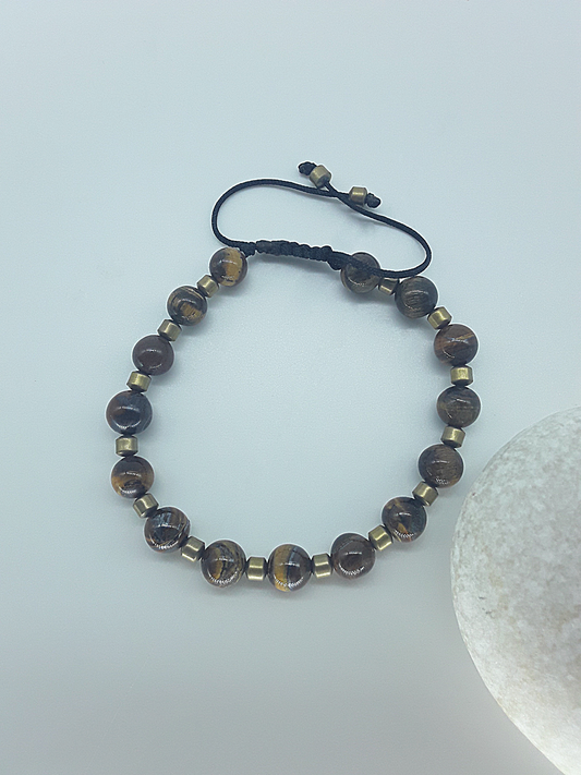 The Emberheart Bracelet by Polmadeva – tiger eye and hematite adjustable bracelet symbolizing courage, balance, and resilience