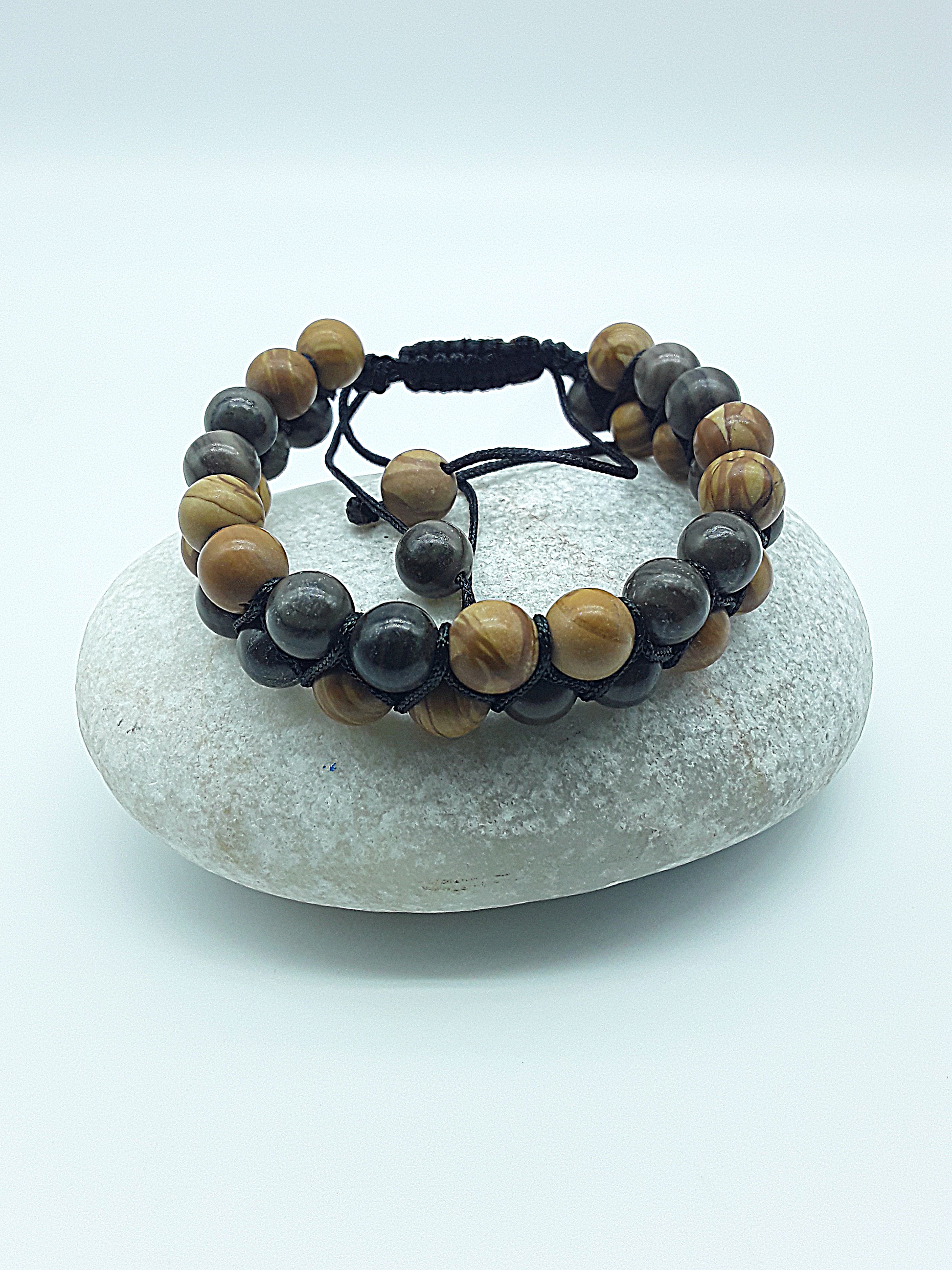 The Earth Harmony Double Bracelet by Polmadeva – Black Wood Lace Stone & Tigerskin Jasper bracelet symbolizing grounding, balance, and harmony.