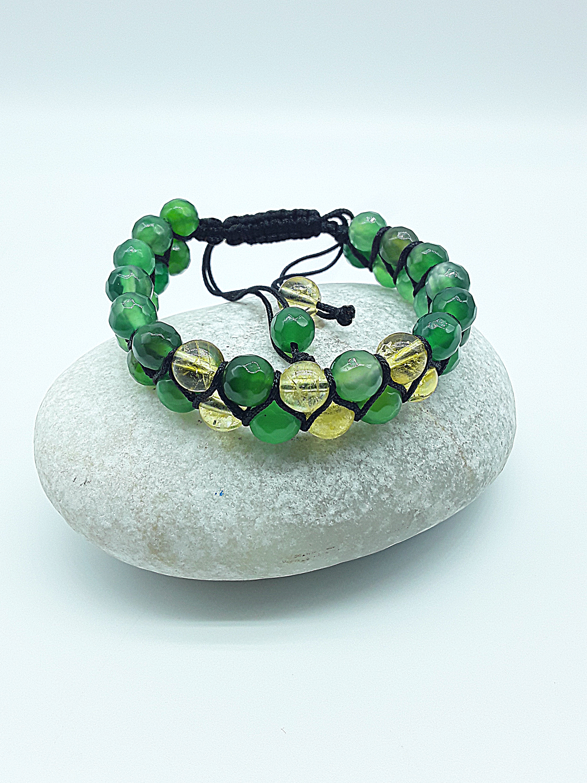 The Inner Light Double Bracelet by Polmadeva – handcrafted with Citrine Crystal & Green Onyx Agate (8 mm), adjustable 18–24 cm. A talisman of clarity & balance.