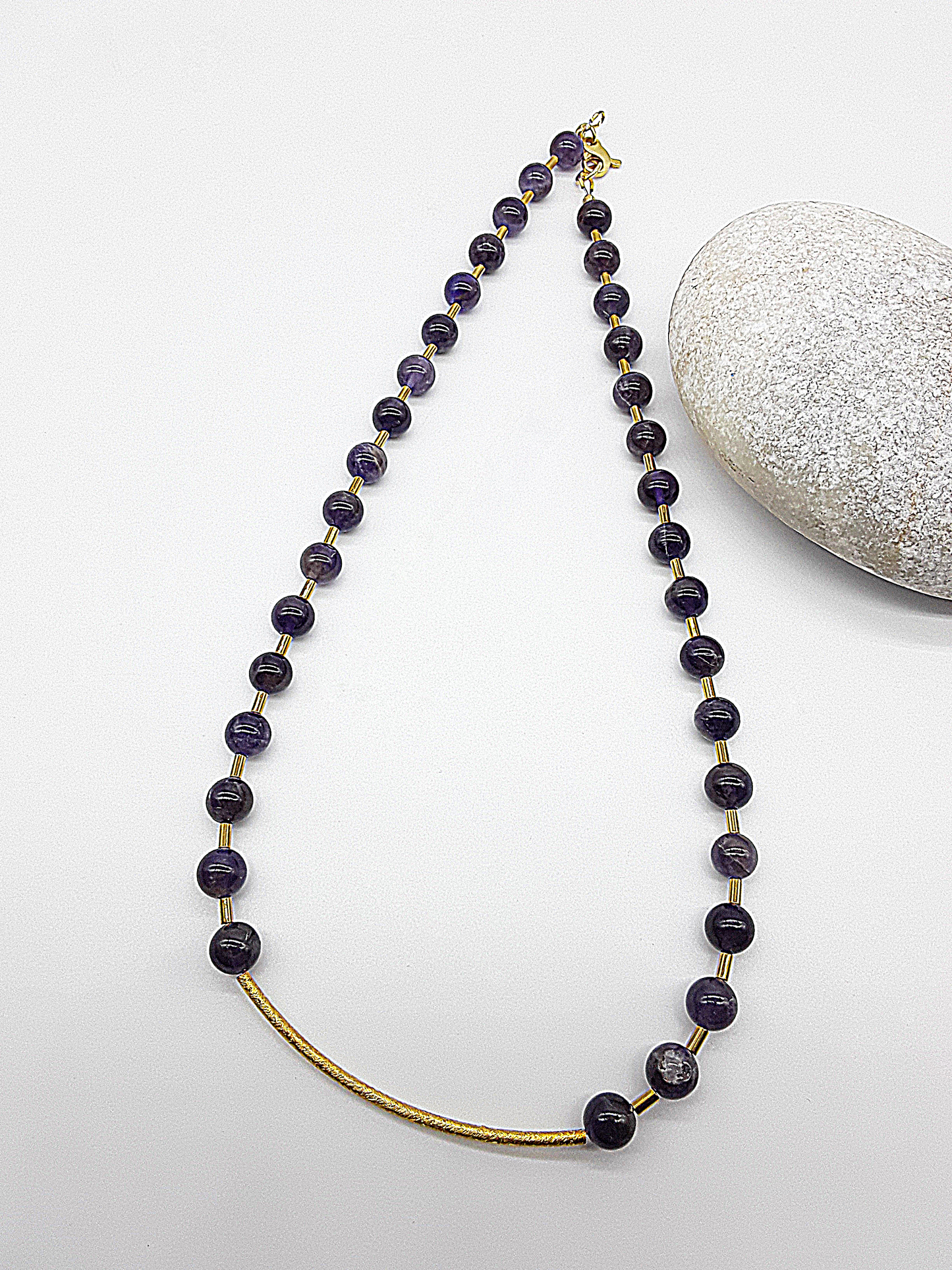 Polmadeva handcrafted jewelry – amethyst and hematite necklace with silver arc