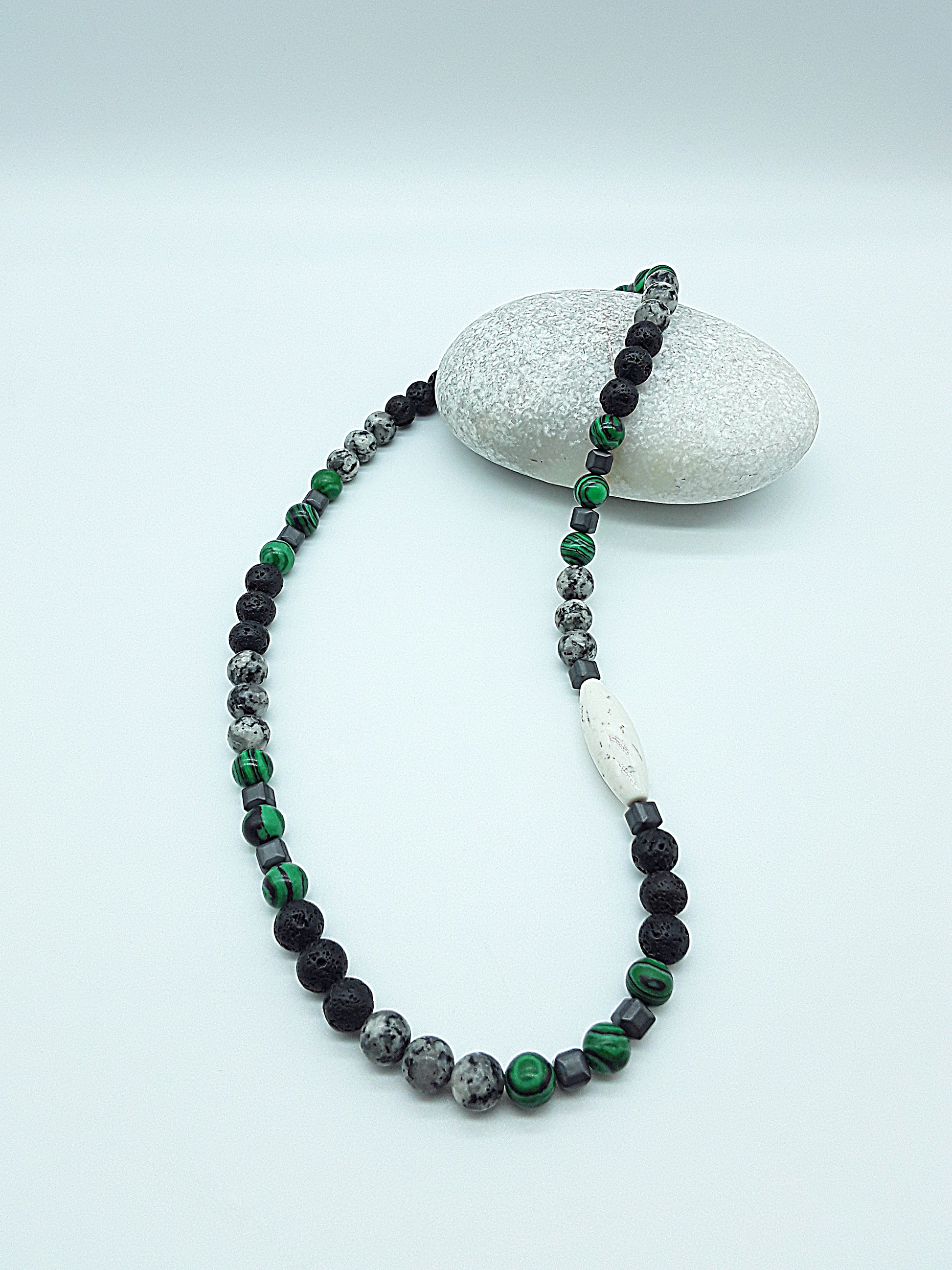 The Silent Strength Necklace by Polmadeva – malachite, lava stone, jasper, hematite and turquoise necklace symbolizing inner power, grounding, and resilience