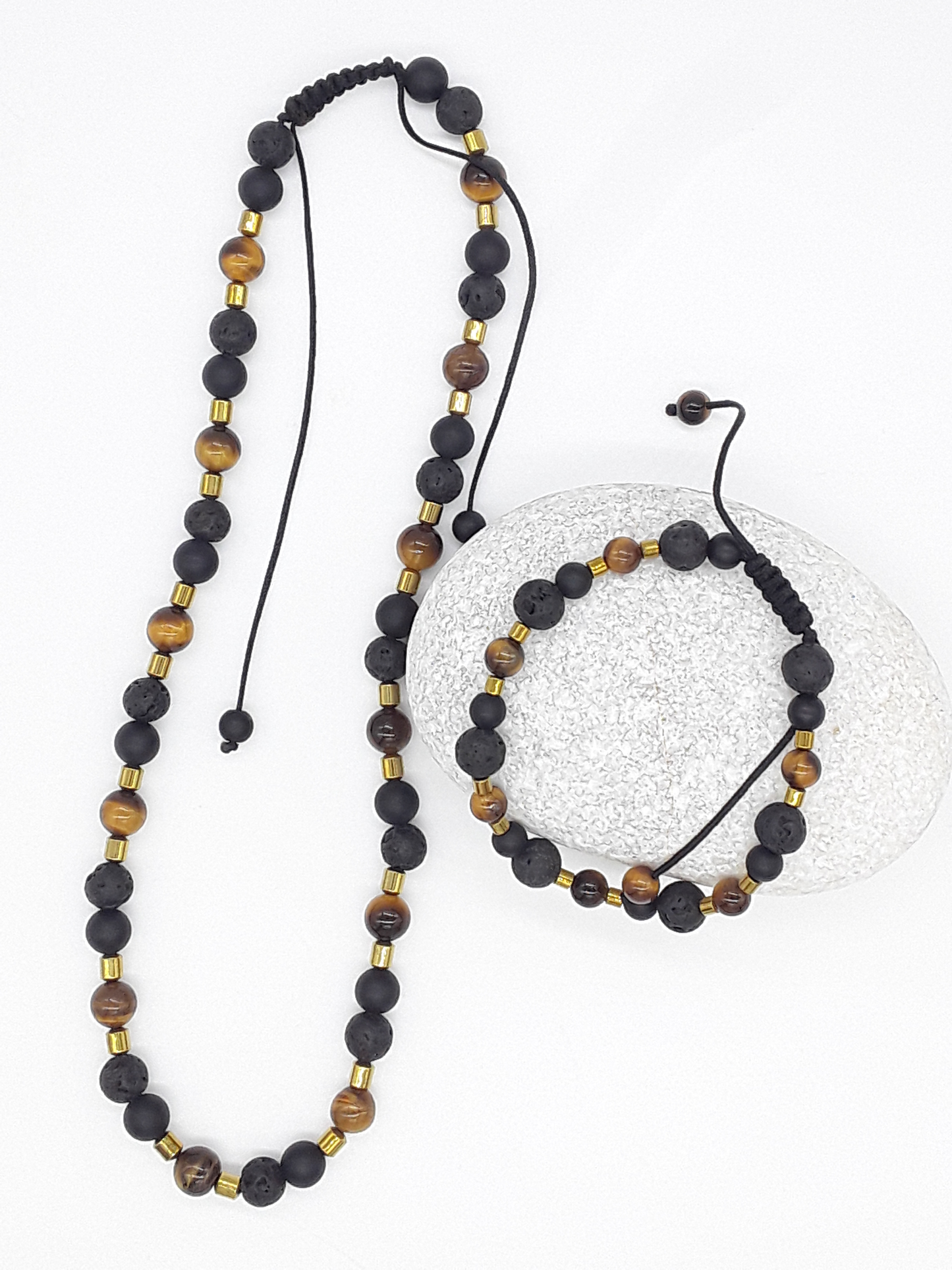 The Fourfold Vision Set by Polmadeva – handcrafted necklace & bracelet with Lava Stone, Tiger’s Eye, Black Onyx & Hematite, symbolizing balance, clarity & endurance.