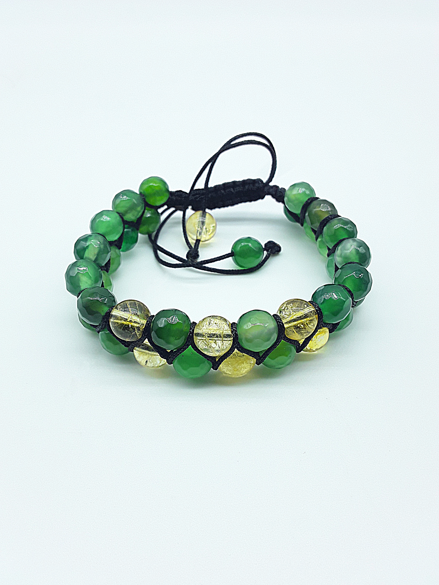 The Inner Light Double Bracelet by Polmadeva – handcrafted with Citrine Crystal & Green Onyx Agate (8 mm), adjustable 18–24 cm. A talisman of clarity & balance.