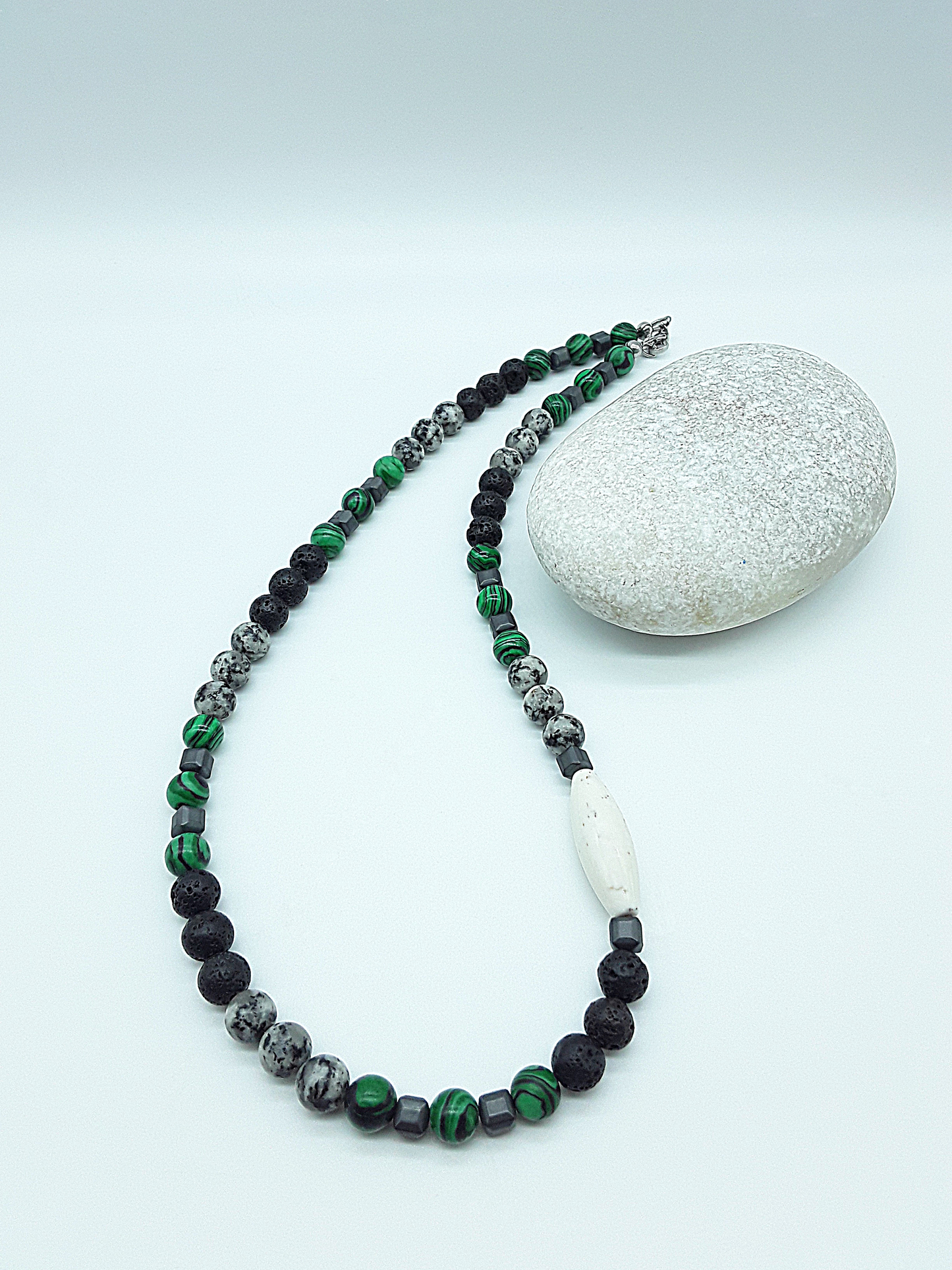 The Silent Strength Necklace by Polmadeva – malachite, lava stone, jasper, hematite and turquoise necklace symbolizing inner power, grounding, and resilience