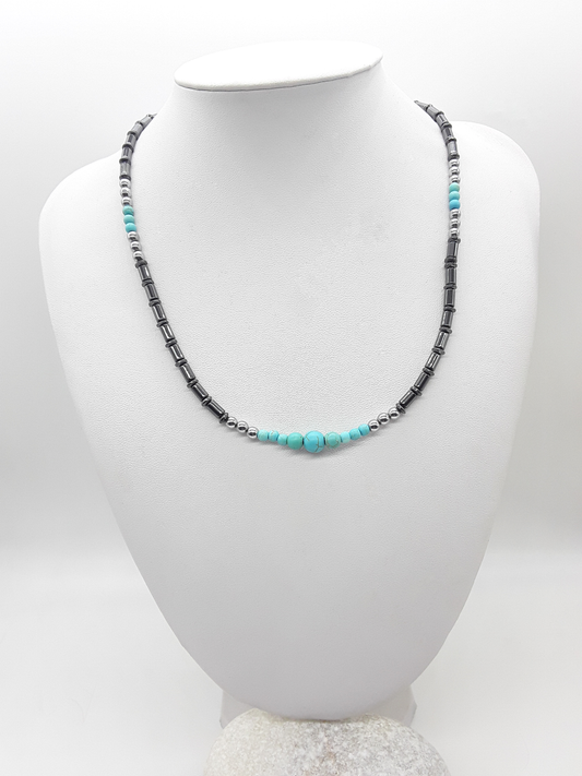 The Skyforge Necklace by Polmadeva – hematite, turquoise and malachite necklace symbolizing grounding, clarity, and quiet strength