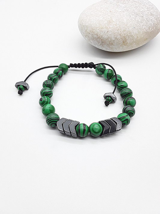 The Serene Path Bracelet by Polmadeva – malachite and hematite bracelet symbolizing renewal, grounding, and calm strength