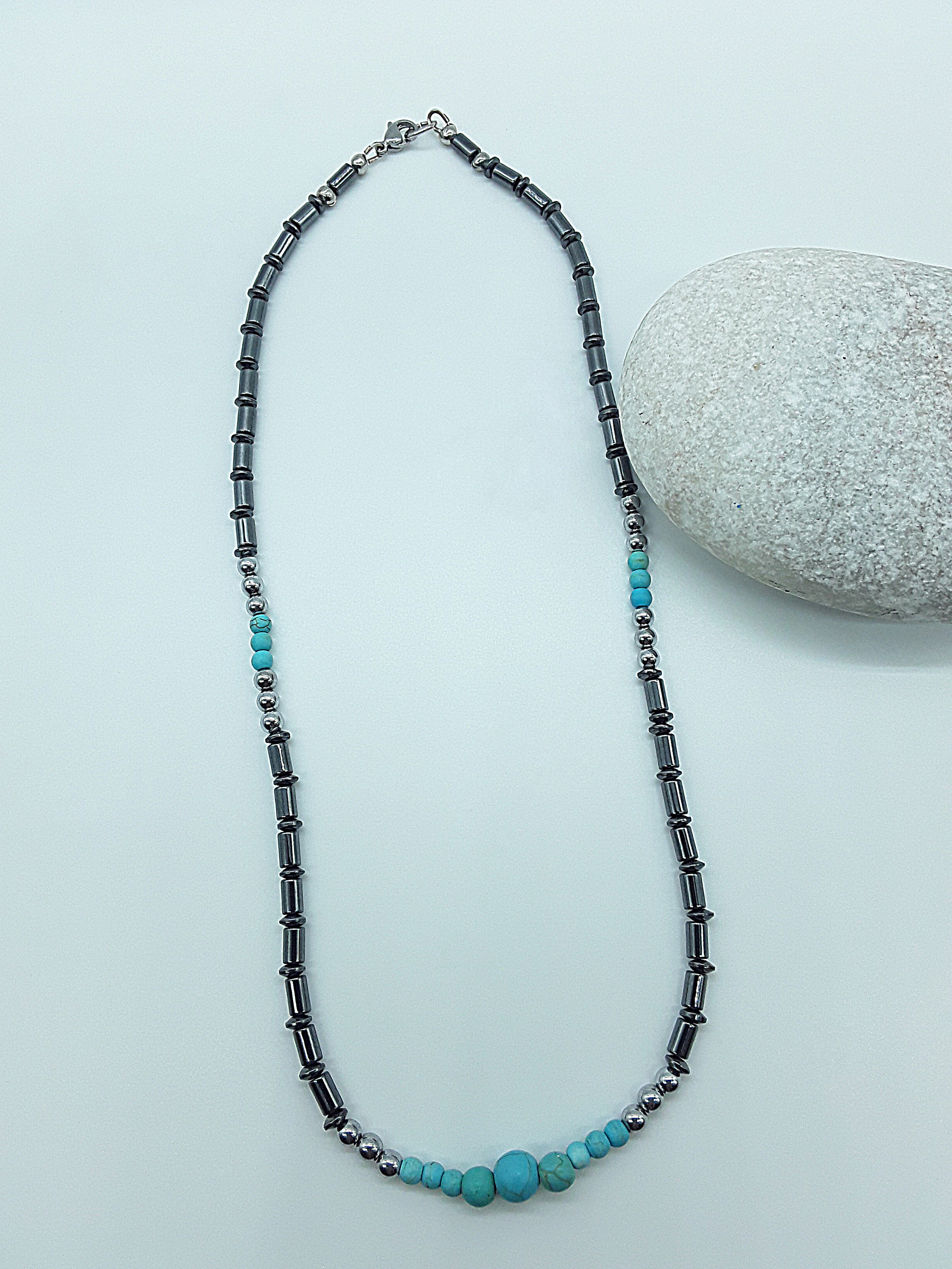 The Skyforge Necklace by Polmadeva – hematite, turquoise and malachite necklace symbolizing grounding, clarity, and quiet strength