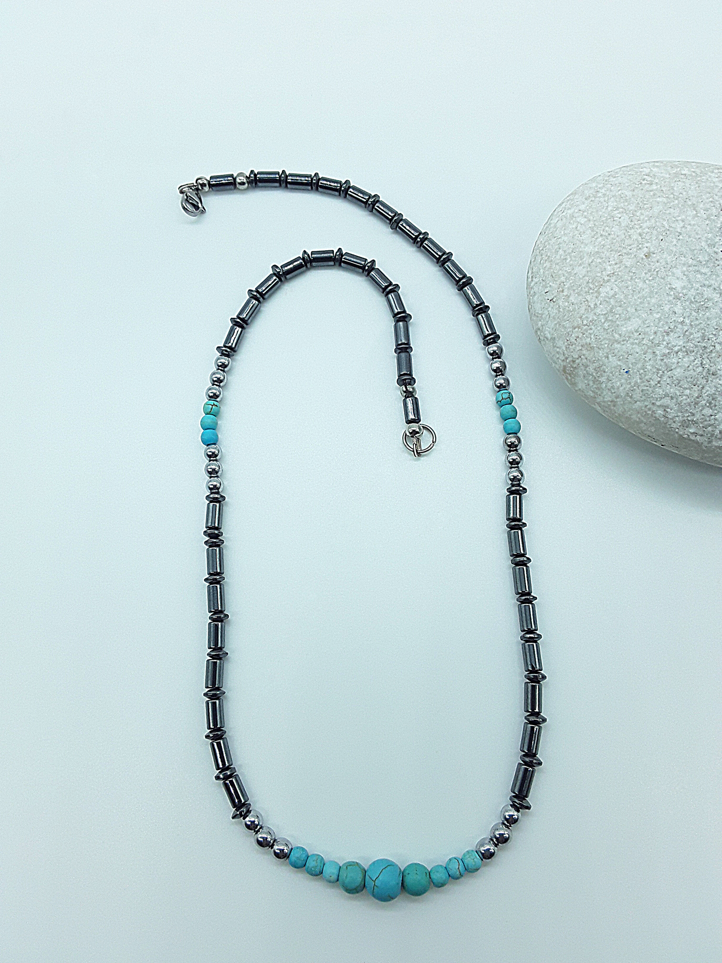 The Skyforge Necklace by Polmadeva – hematite, turquoise and malachite necklace symbolizing grounding, clarity, and quiet strength