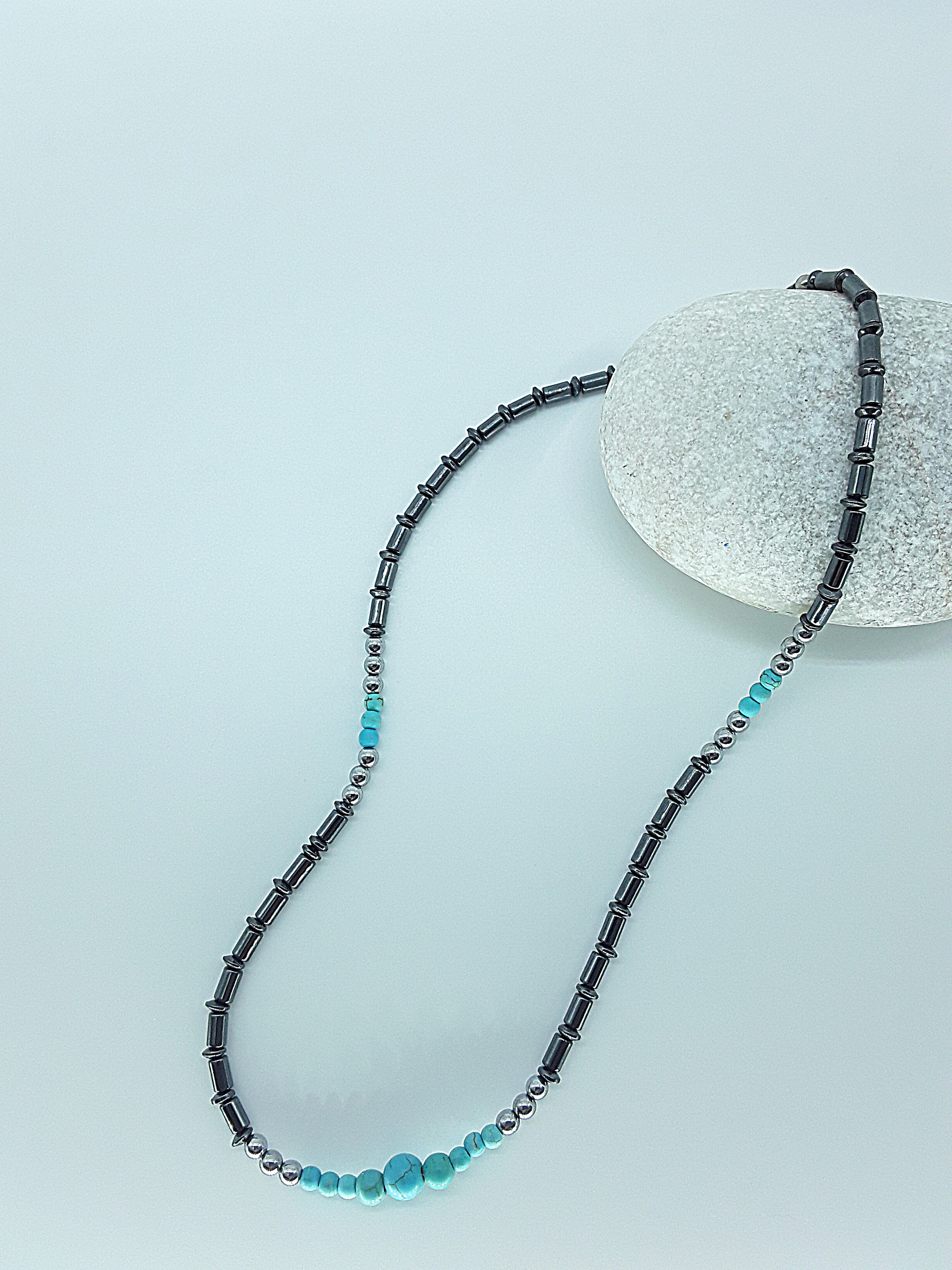The Skyforge Necklace by Polmadeva – hematite, turquoise and malachite necklace symbolizing grounding, clarity, and quiet strength