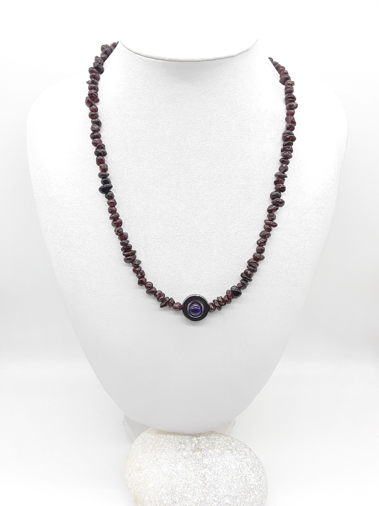 The Flameborn Necklace by Polmadeva – garnet, hematite and amethyst necklace with 925 silver clasp symbolizing courage, passion, and resilience