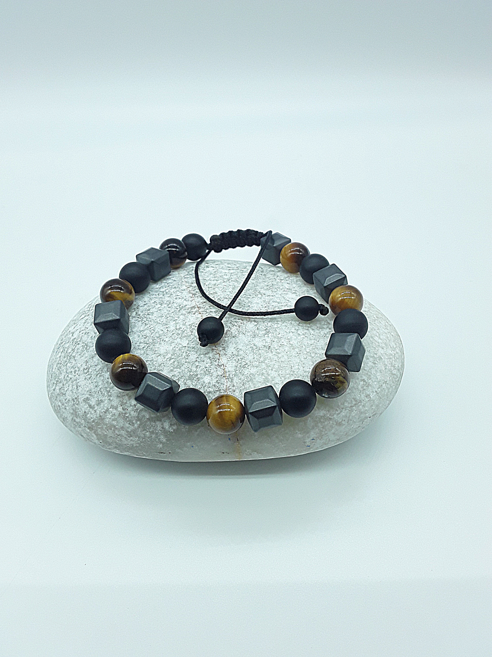 The Resolute Bracelet by Polmadeva – black onyx, hematite and tiger eye bracelet symbolizing courage, balance, and quiet strength