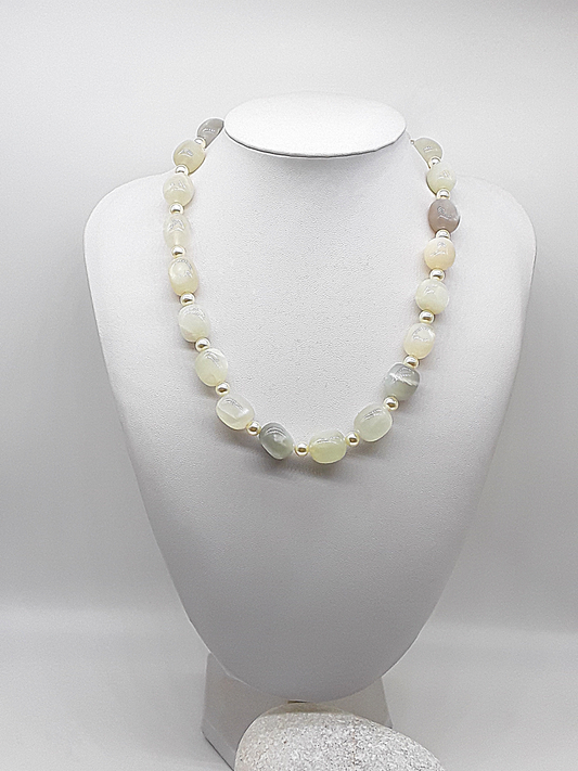 The Celestial Glow Necklace by Polmadeva – Swarovski pearls and moonstone necklace symbolizing transformation, serenity, and luminous grace