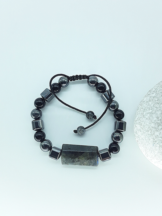 The Midnight Ascent Bracelet by Polmadeva – labradorite, hematite and onyx bracelet symbolizing transformation, grounding, and strength