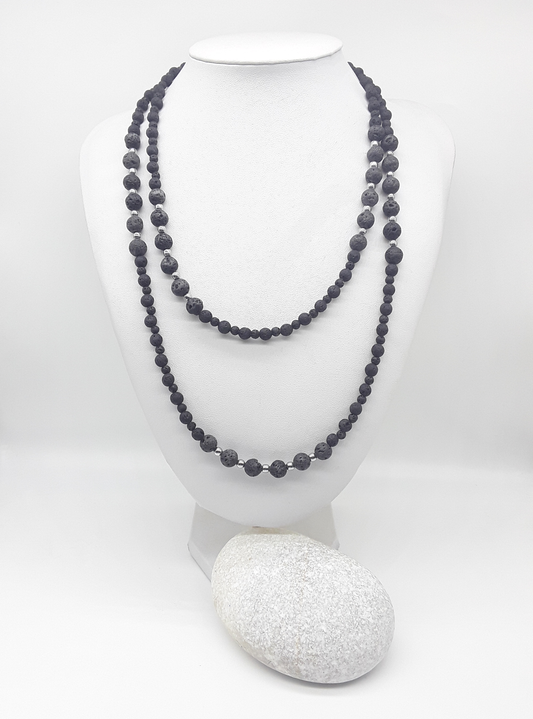 The Nocturne Strand Necklace by Polmadeva – lava stone, hematite and 925 silver necklace symbolizing quiet strength, elegance, and resilience