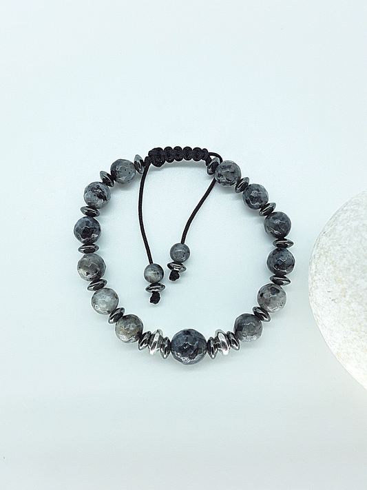 The Renewal Bracelet by Polmadeva – labradorite and hematite bracelet symbolizing rebirth, balance, and transformation
